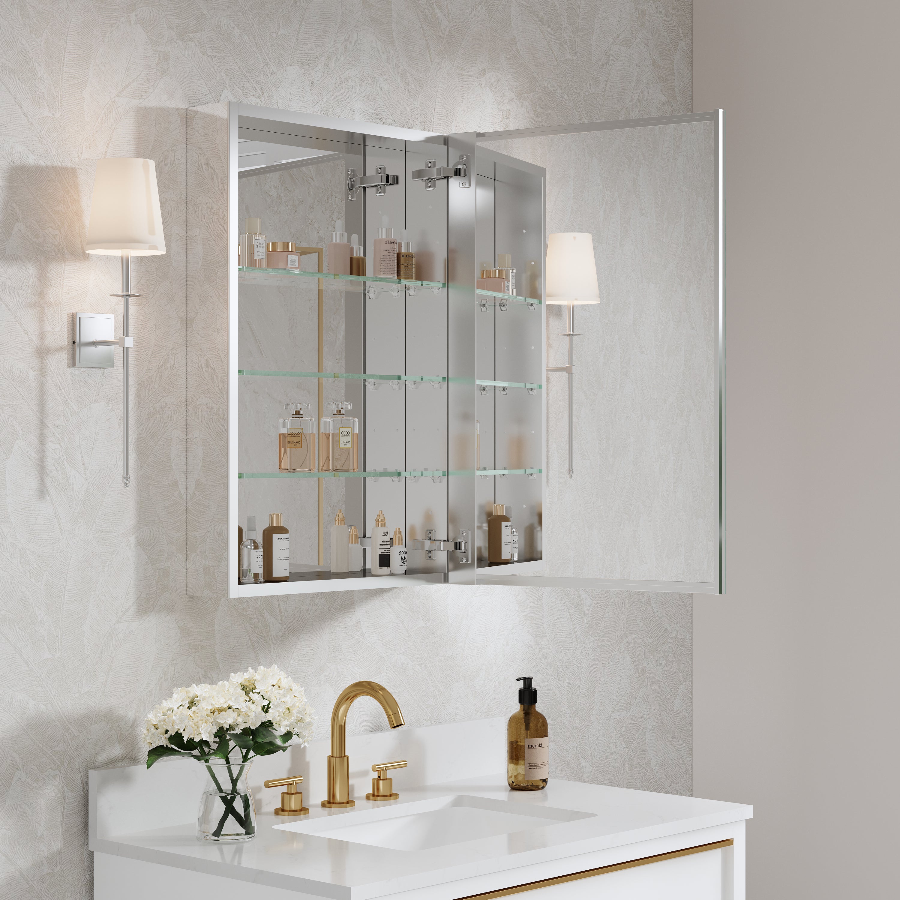 20 in.×30 in. Copper-Free Tri-Views Mirror Cabinet with Adjustable Shelves and Right Swing Door