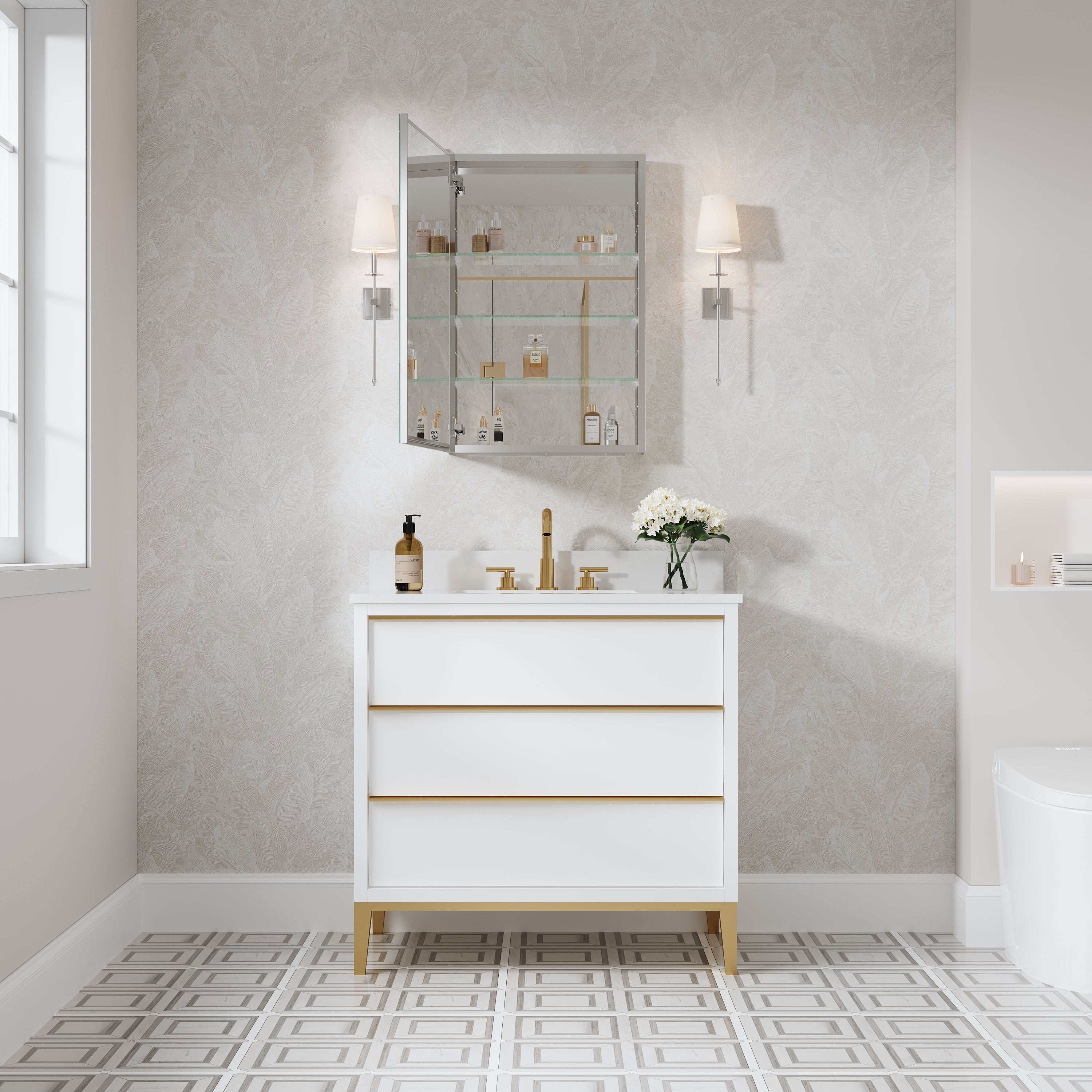 20 in.×30 in. Copper-Free Tri-Views Mirror Cabinet with Adjustable Shelves and Left Swing Door