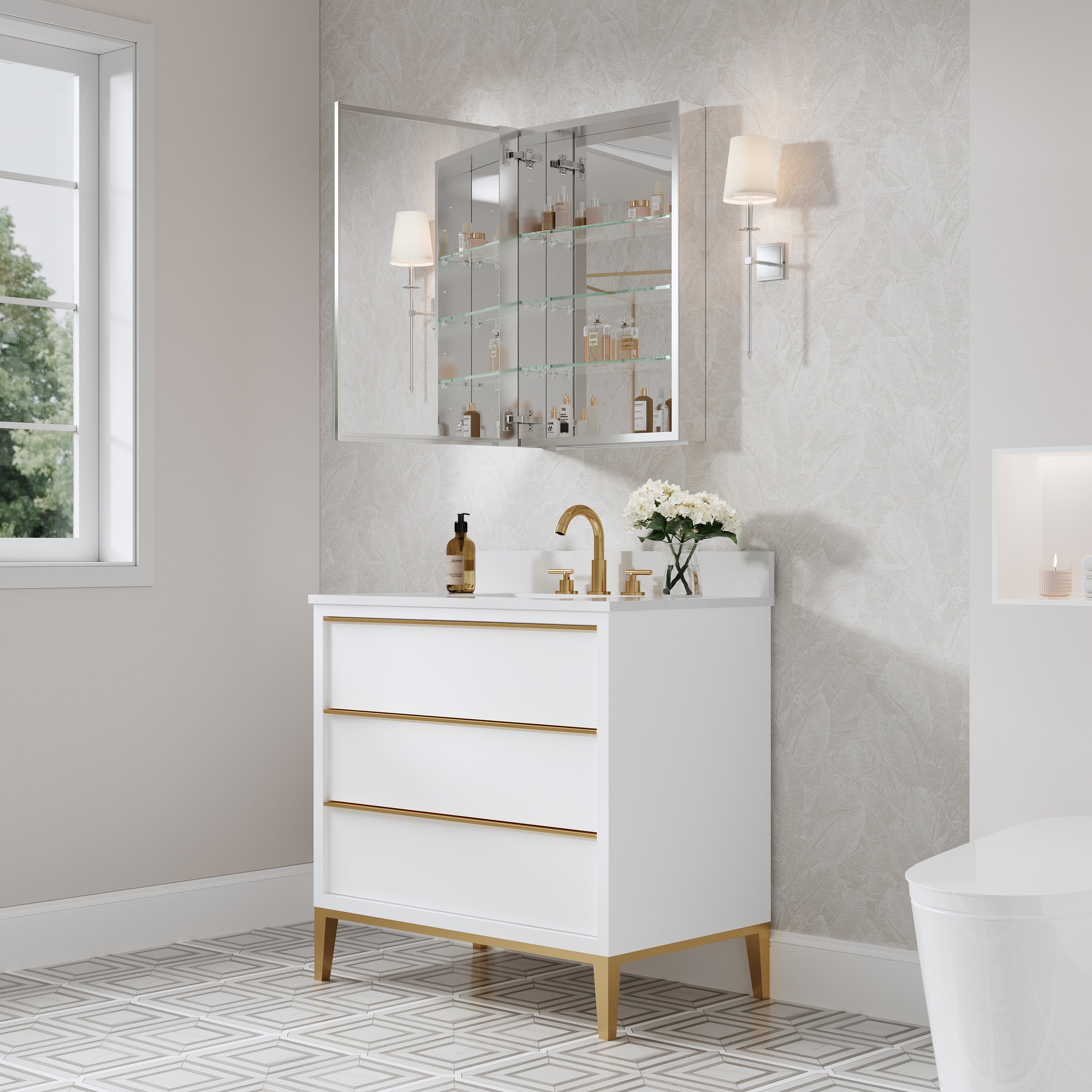 20 in.×30 in. Copper-Free Tri-Views Mirror Cabinet with Adjustable Shelves and Left Swing Door