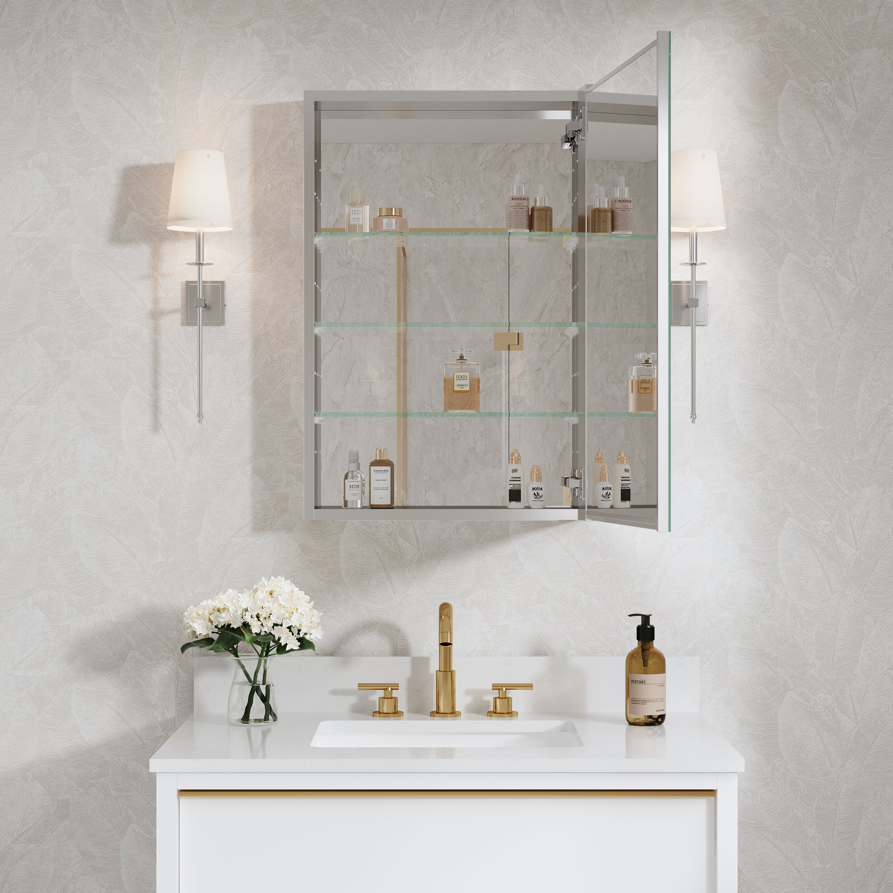 20 in.×30 in. Copper-Free Tri-Views Mirror Cabinet with Adjustable Shelves and Right Swing Door