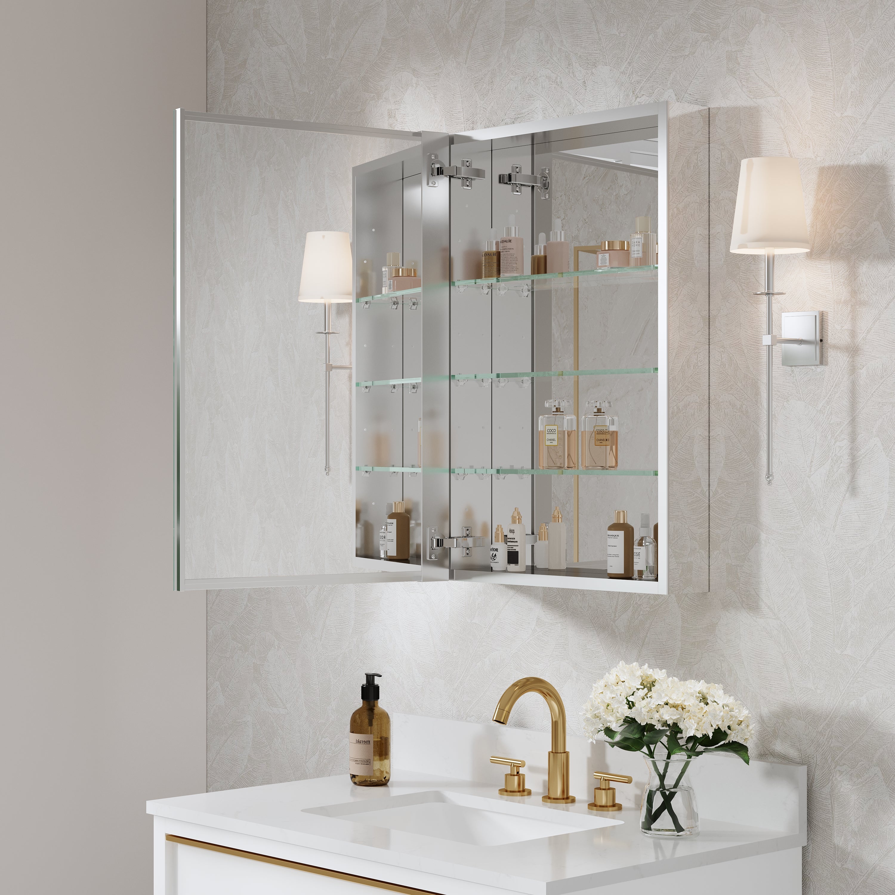 20 in.×30 in. Copper-Free Tri-Views Mirror Cabinet with Adjustable Shelves and Left Swing Door