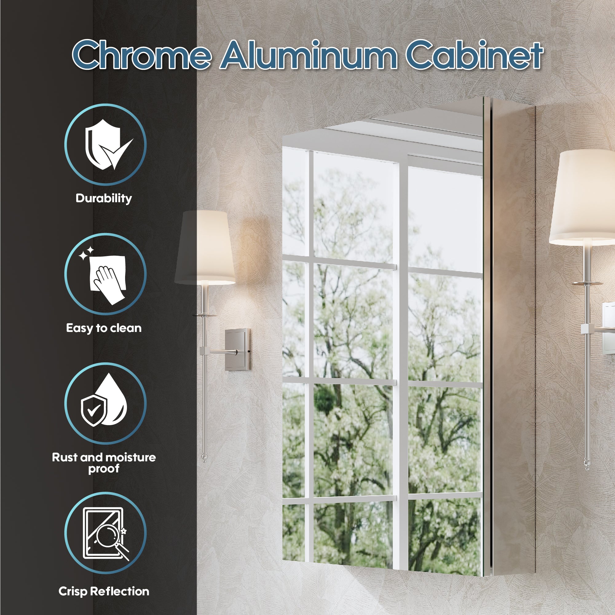 20 in.×30 in. Copper-Free Tri-Views Mirror Cabinet with Adjustable Shelves and Left Swing Door