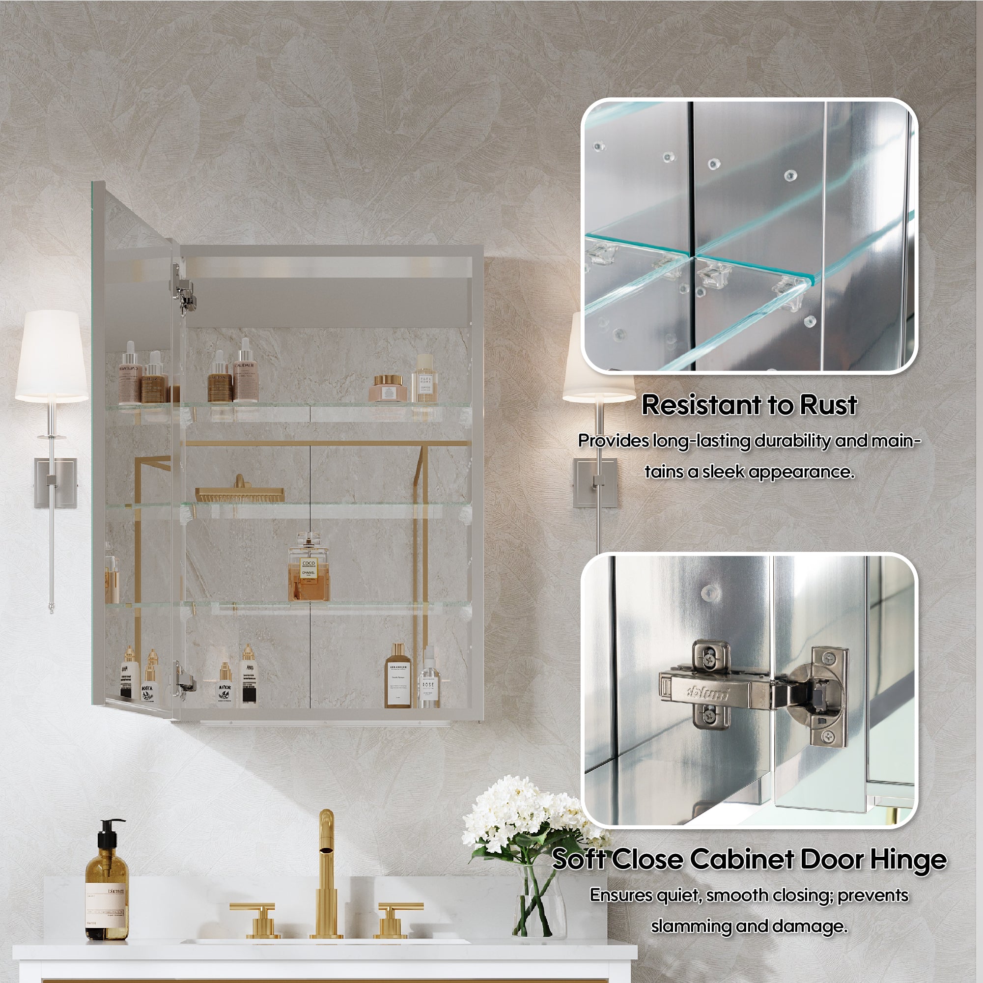 20 in.×30 in. Copper-Free Tri-Views Mirror Cabinet with Adjustable Shelves and Left Swing Door