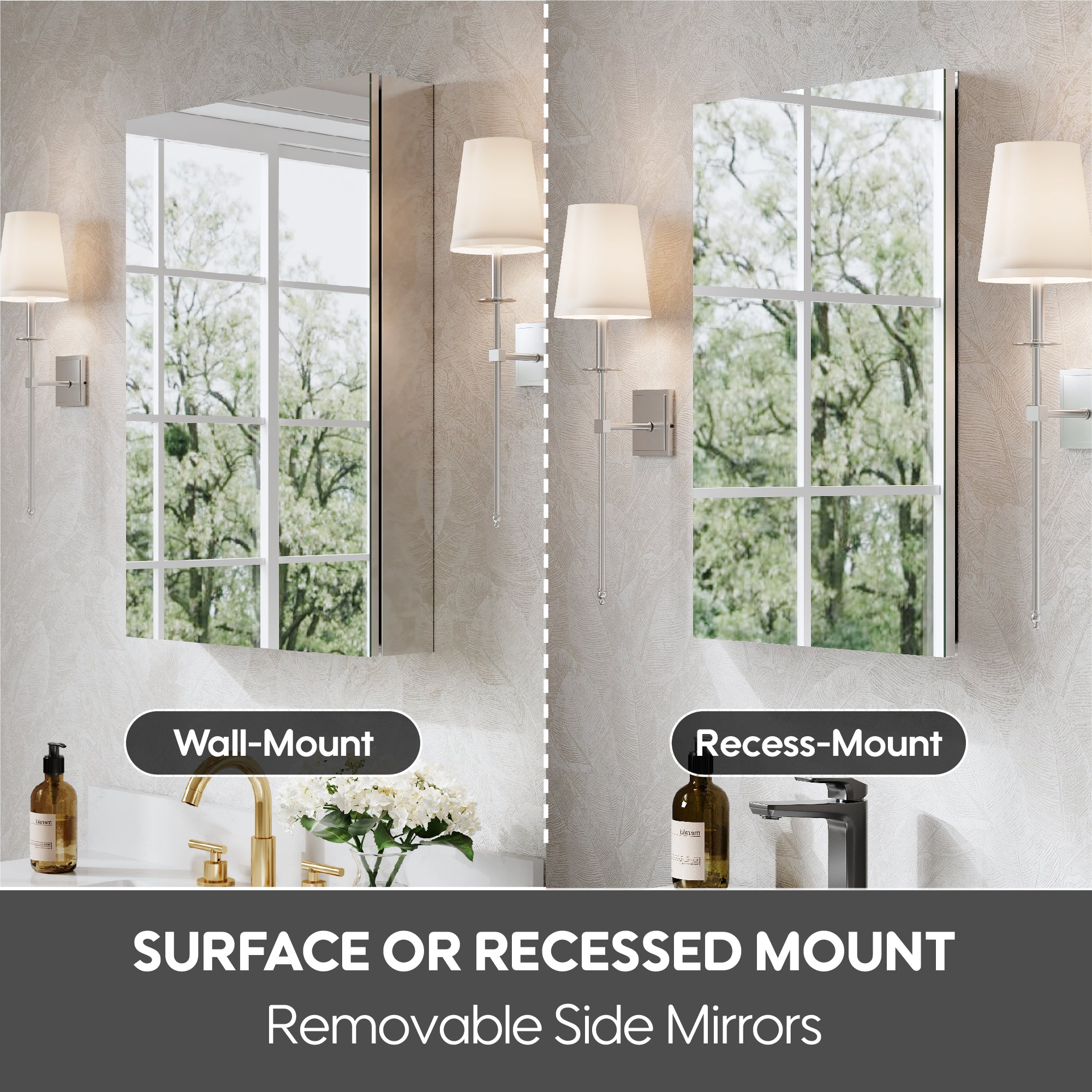 20 in.×30 in. Copper-Free Tri-Views Mirror Cabinet with Adjustable Shelves and Left Swing Door