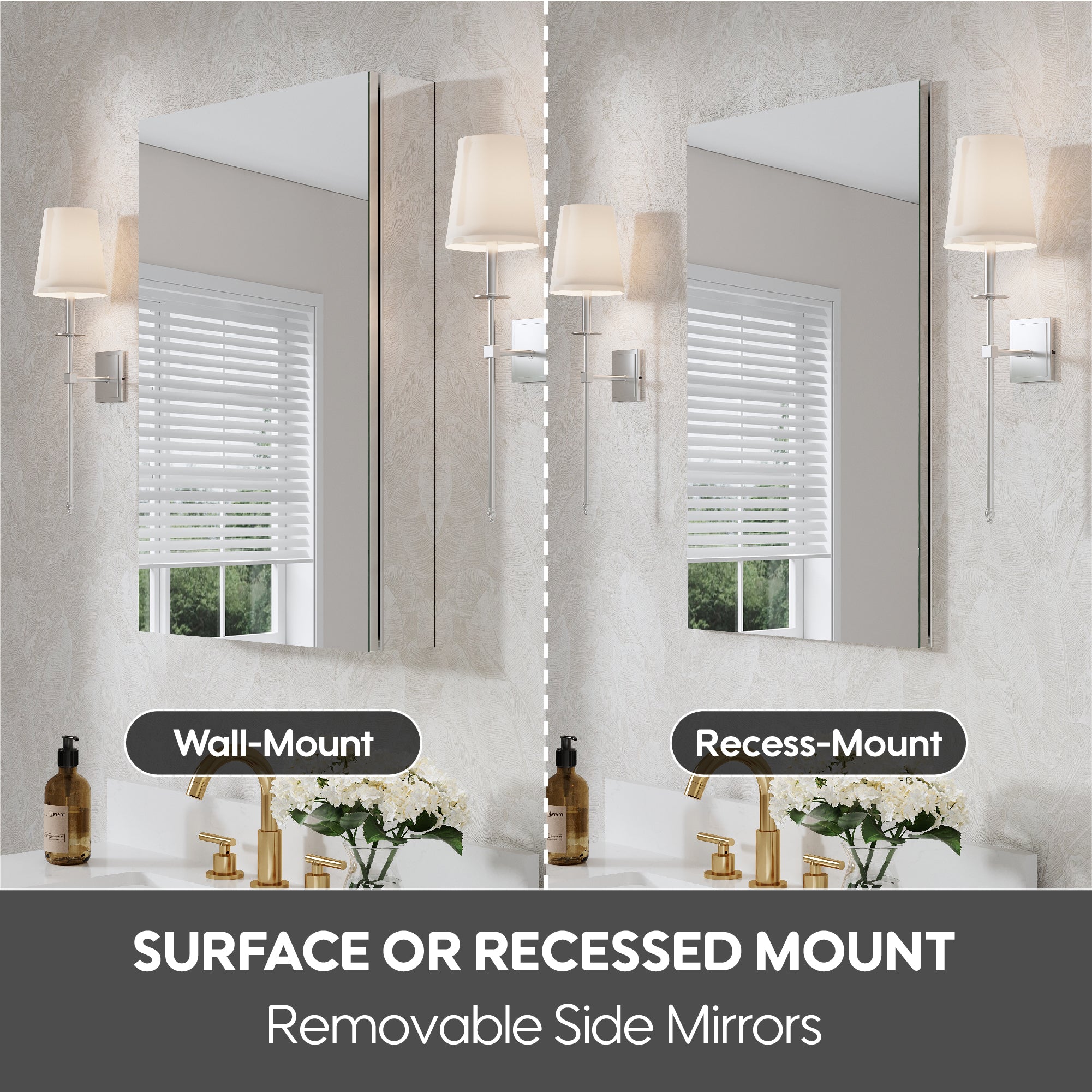 20 in.×30 in. Copper-Free Tri-Views Mirror Cabinet with Adjustable Shelves and Right Swing Door