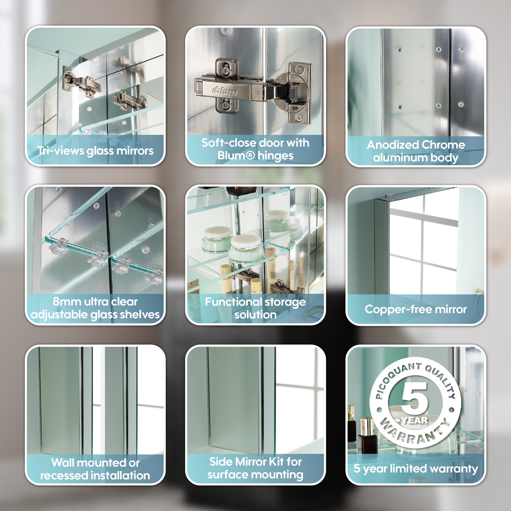 20 in.×30 in. Copper-Free Tri-Views Mirror Cabinet with Adjustable Shelves and Right Swing Door