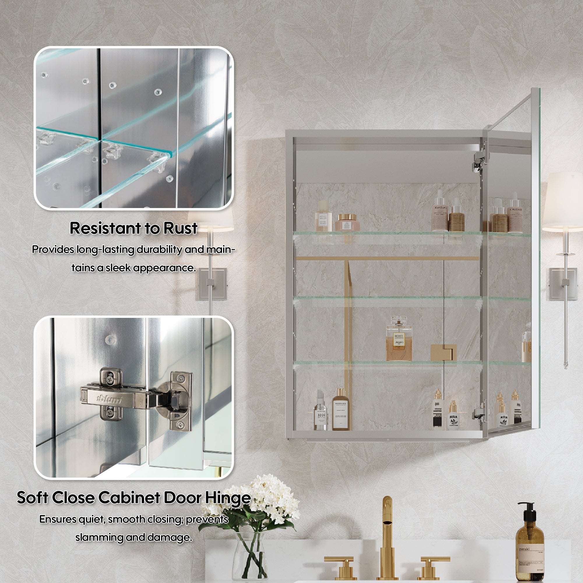 20 in.×30 in. Copper-Free Tri-Views Mirror Cabinet with Adjustable Shelves and Right Swing Door