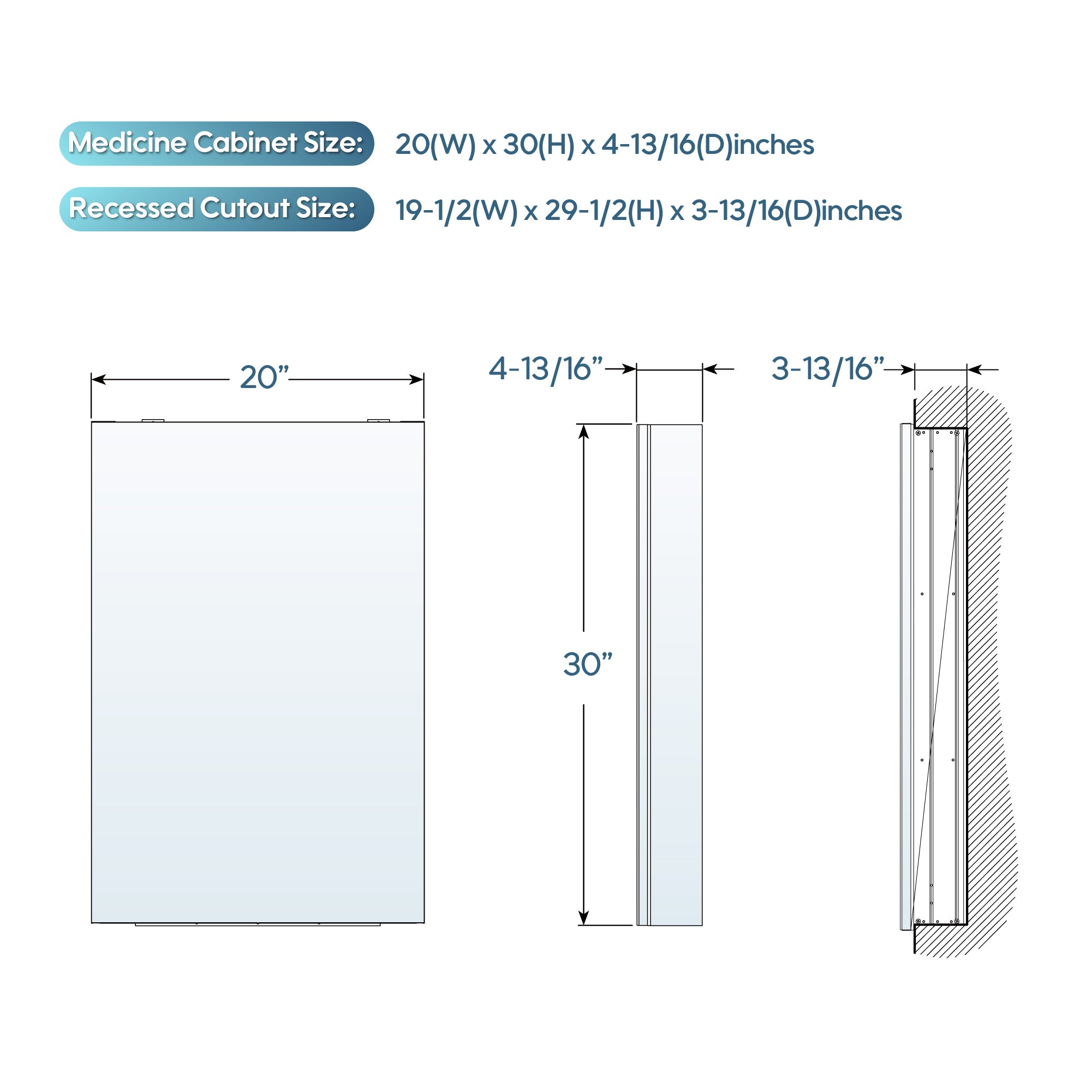 20 in.×30 in. Copper-Free Tri-Views Mirror Cabinet with Adjustable Shelves and Left Swing Door