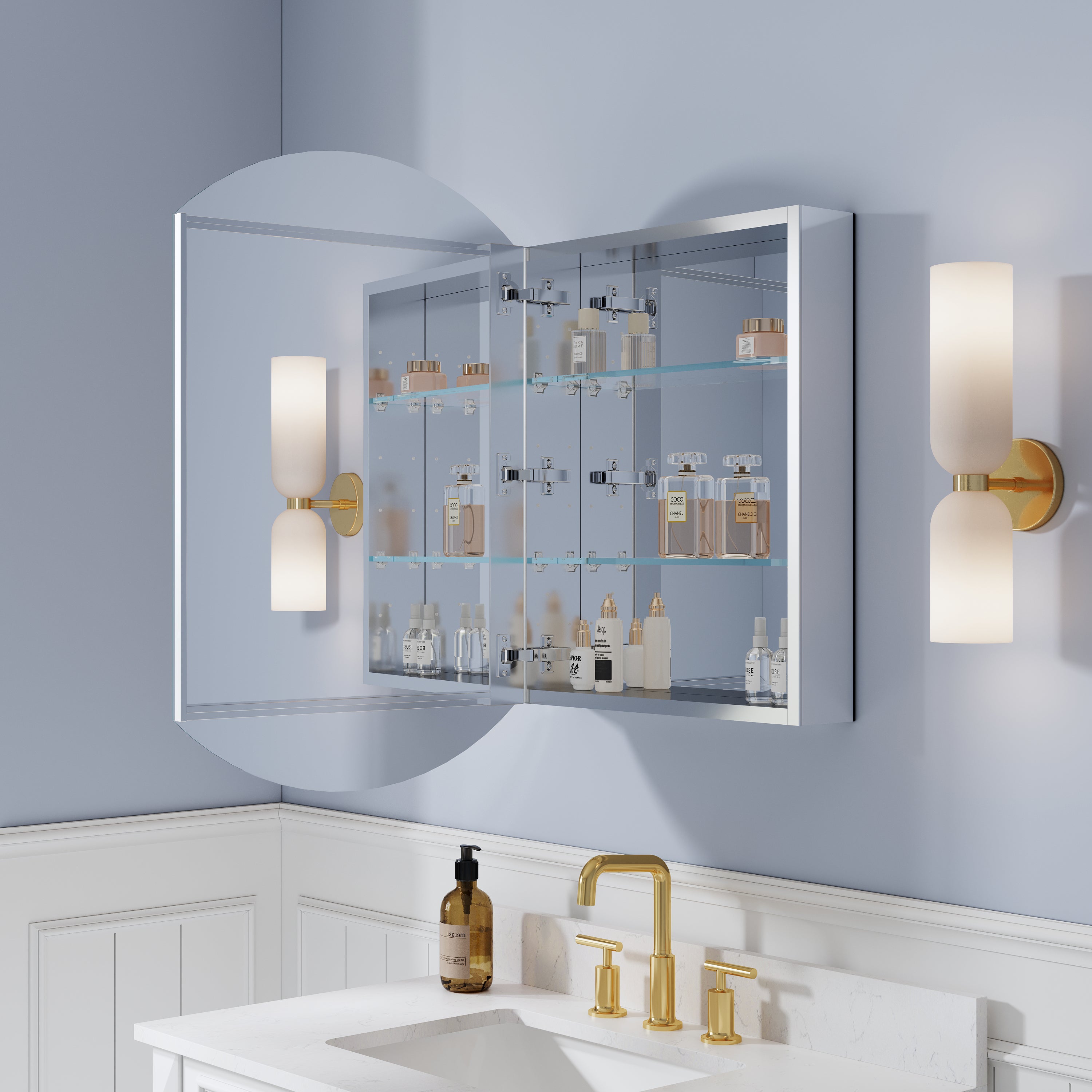 20 in. ×32 in. Copper-Free Tri-Views Bathroom Medicine Cabinet with Beveled Edge Mirrored Door, Recessed/Surface Mount