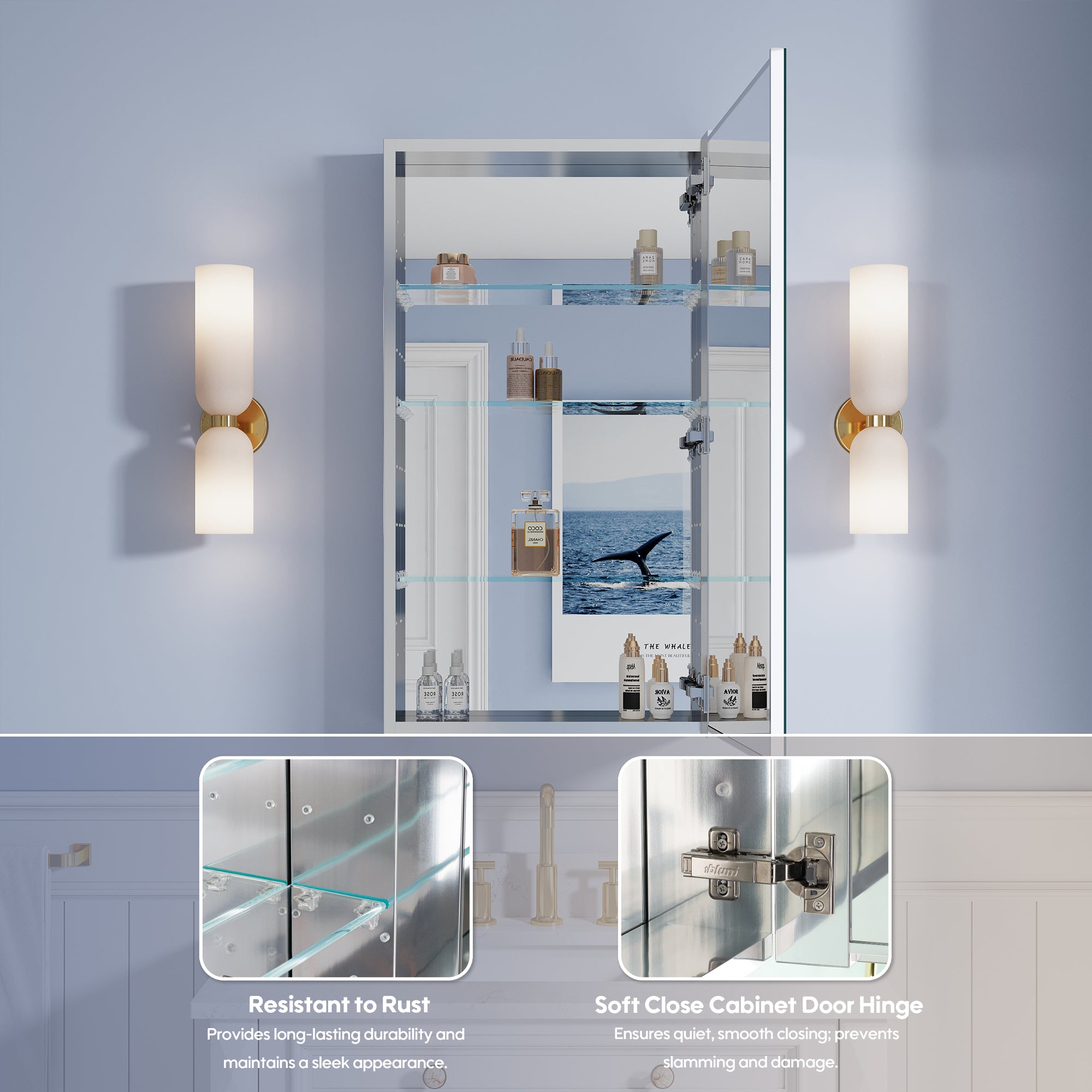 20 in. ×36 in. Copper-Free Tri-Views Mirror Medicine Cabinet, Recessed/Surface Mount and Right Swing Door