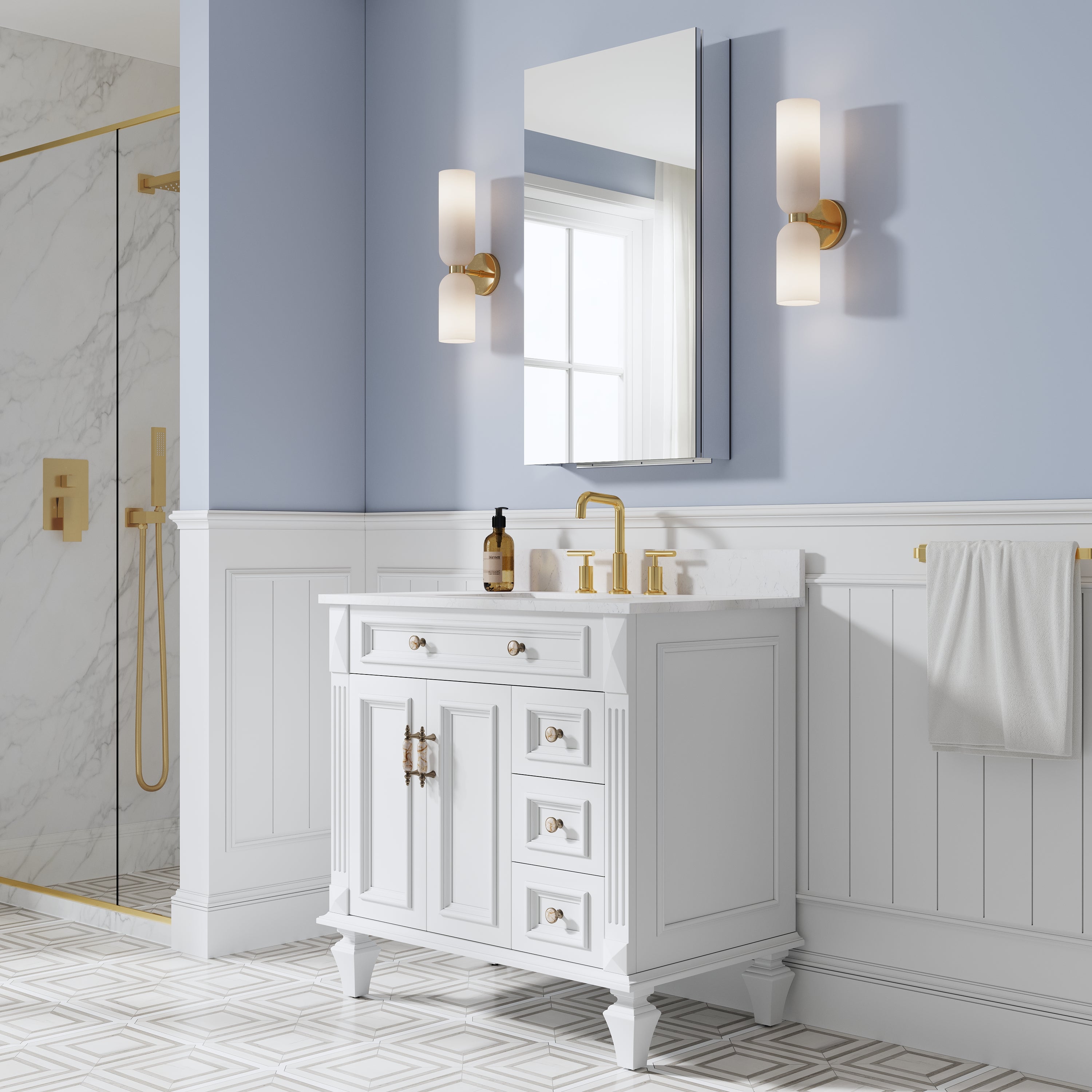 20 in. ×36 in. Copper-Free Tri-Views Mirror Medicine Cabinet, Recessed/Surface Mount and Left Swing Door