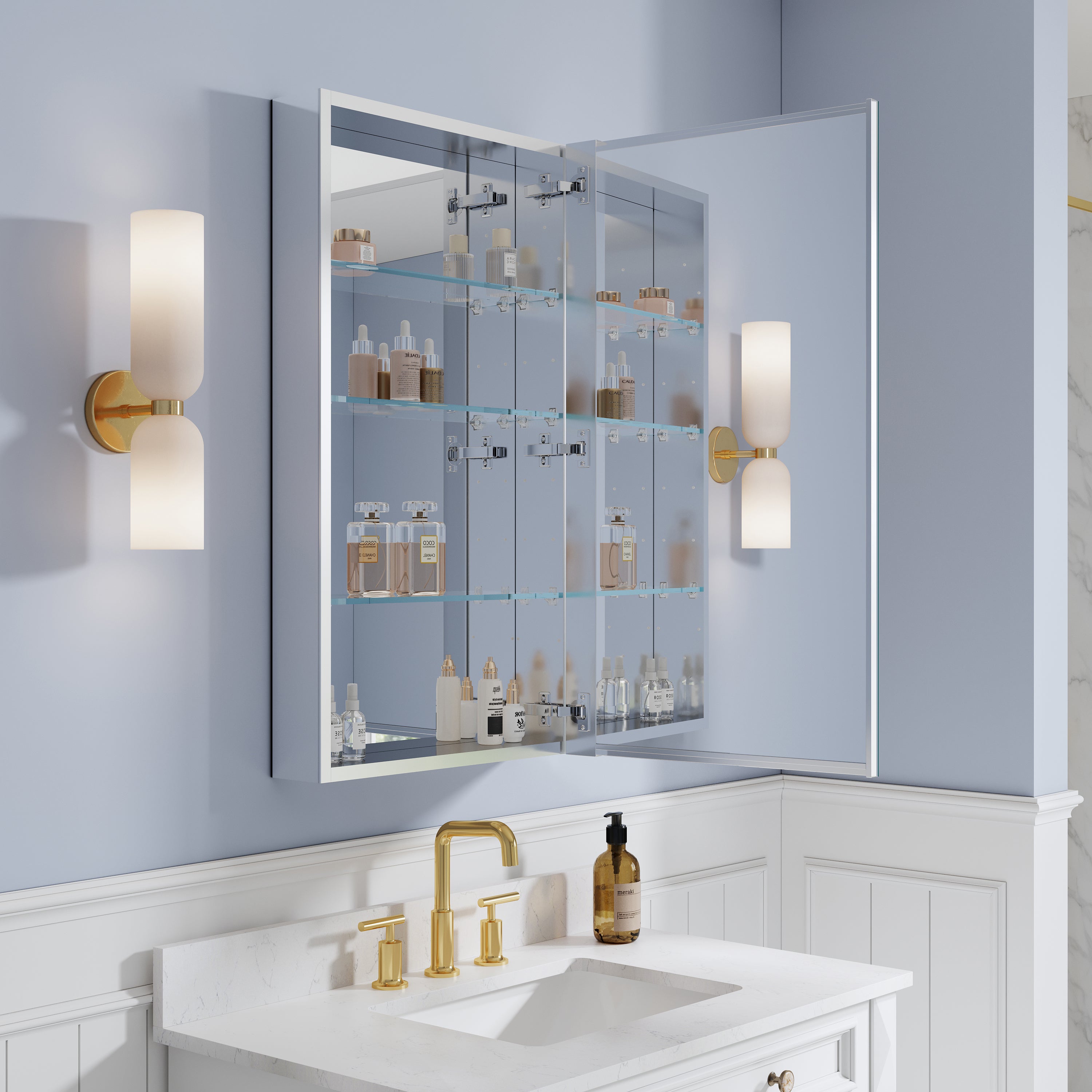 20 in. ×36 in. Copper-Free Tri-Views Mirror Medicine Cabinet, Recessed/Surface Mount and Right Swing Door