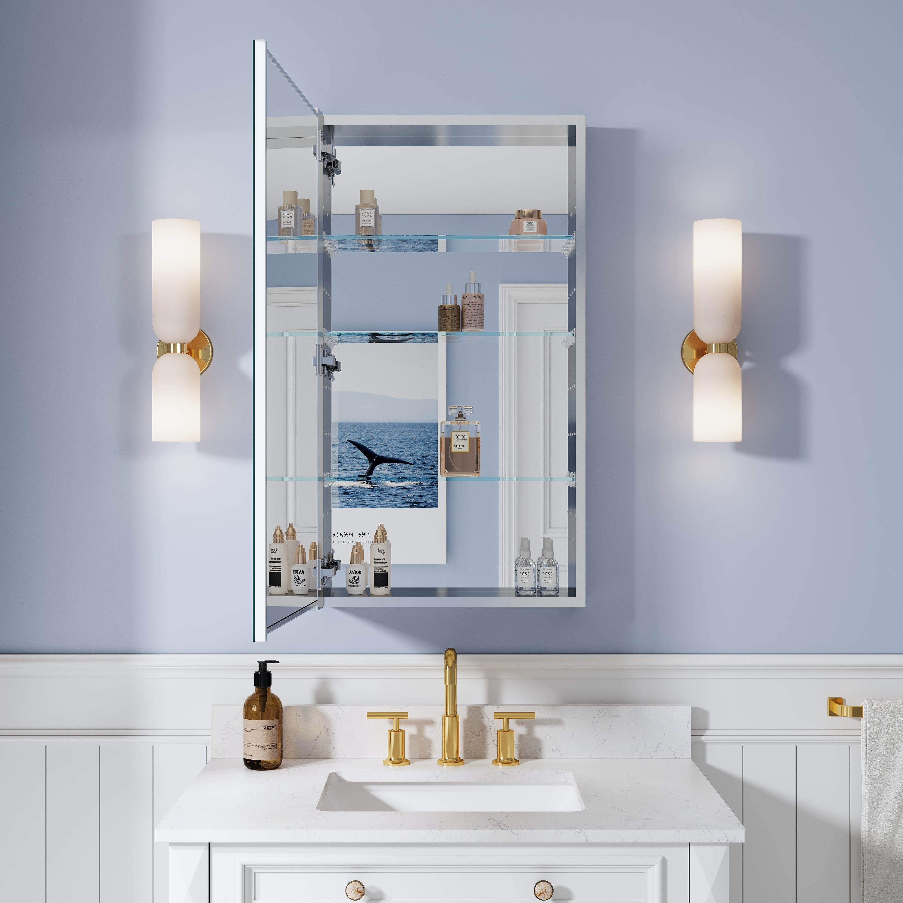 20 in. ×36 in. Copper-Free Tri-Views Mirror Medicine Cabinet, Recessed/Surface Mount and Left Swing Door