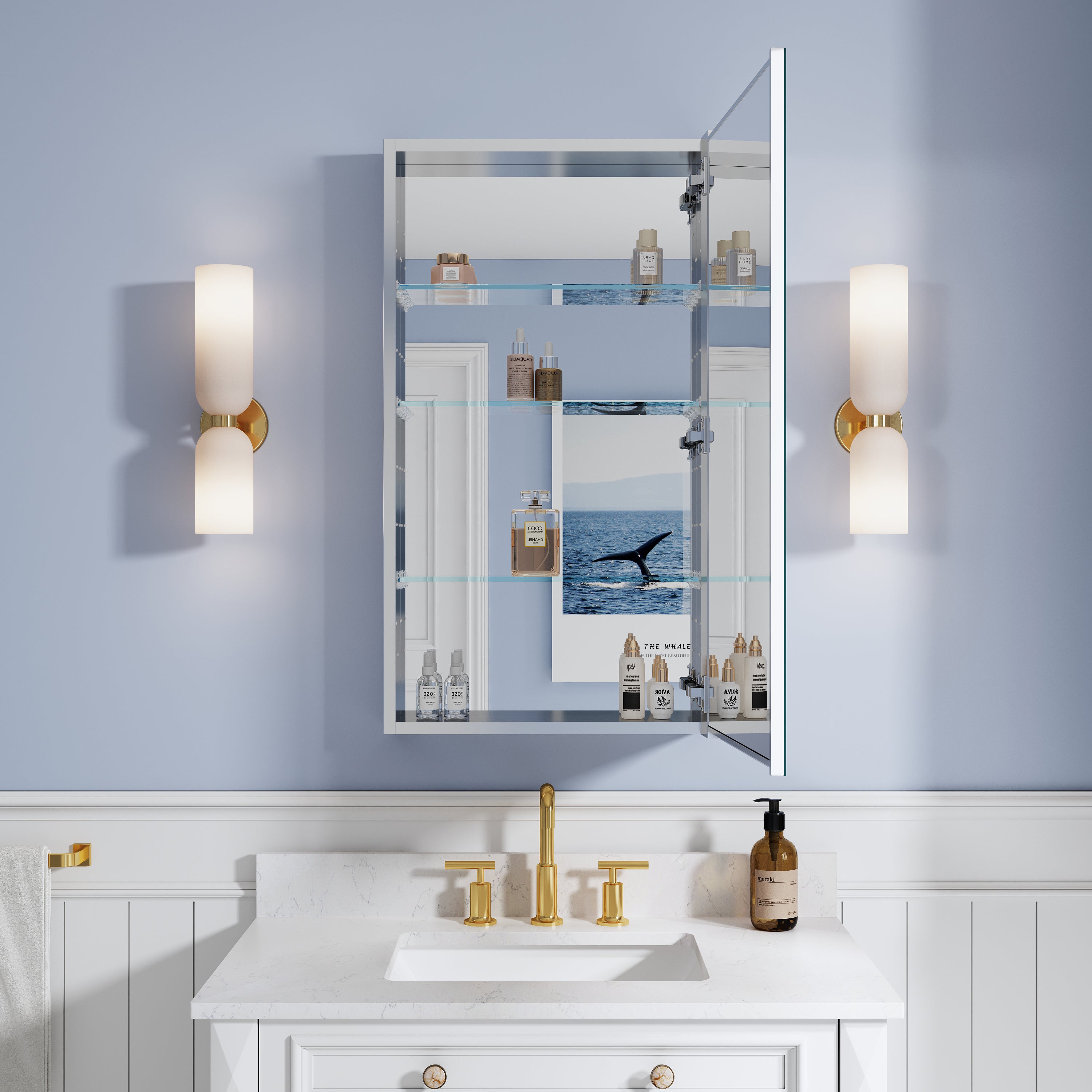 20 in. ×36 in. Copper-Free Tri-Views Mirror Medicine Cabinet, Recessed/Surface Mount and Right Swing Door