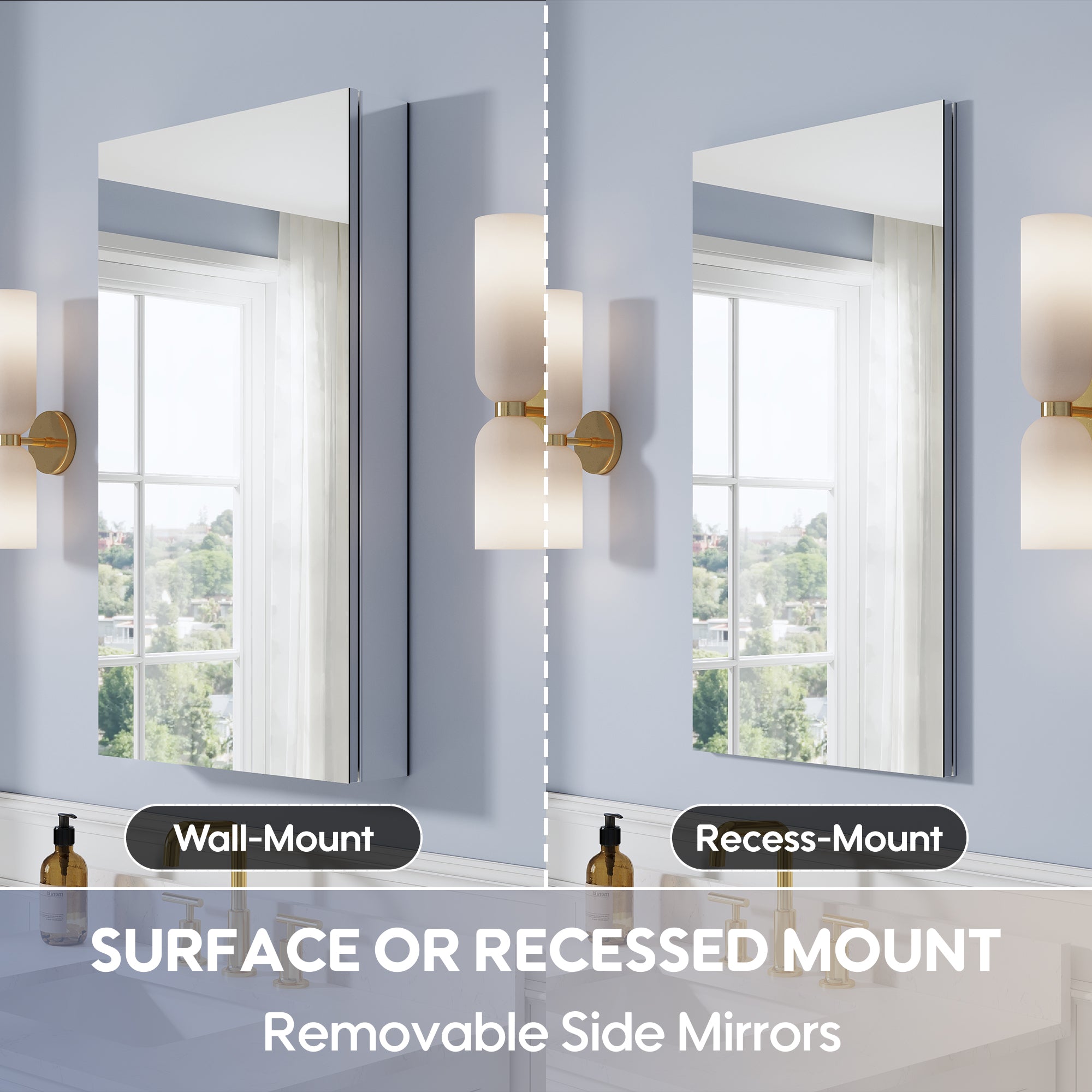 20 in. ×36 in. Copper-Free Tri-Views Mirror Medicine Cabinet, Recessed/Surface Mount and Right Swing Door