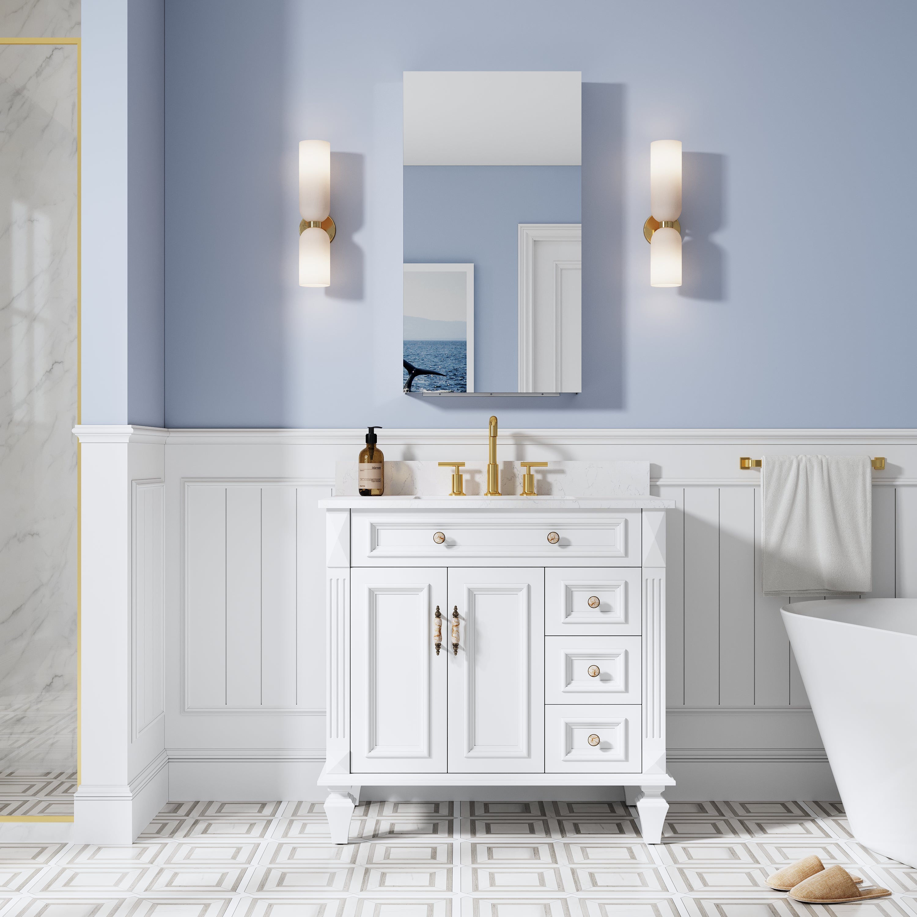 20 in. ×36 in. Copper-Free Tri-Views Mirror Medicine Cabinet, Recessed/Surface Mount and Left Swing Door