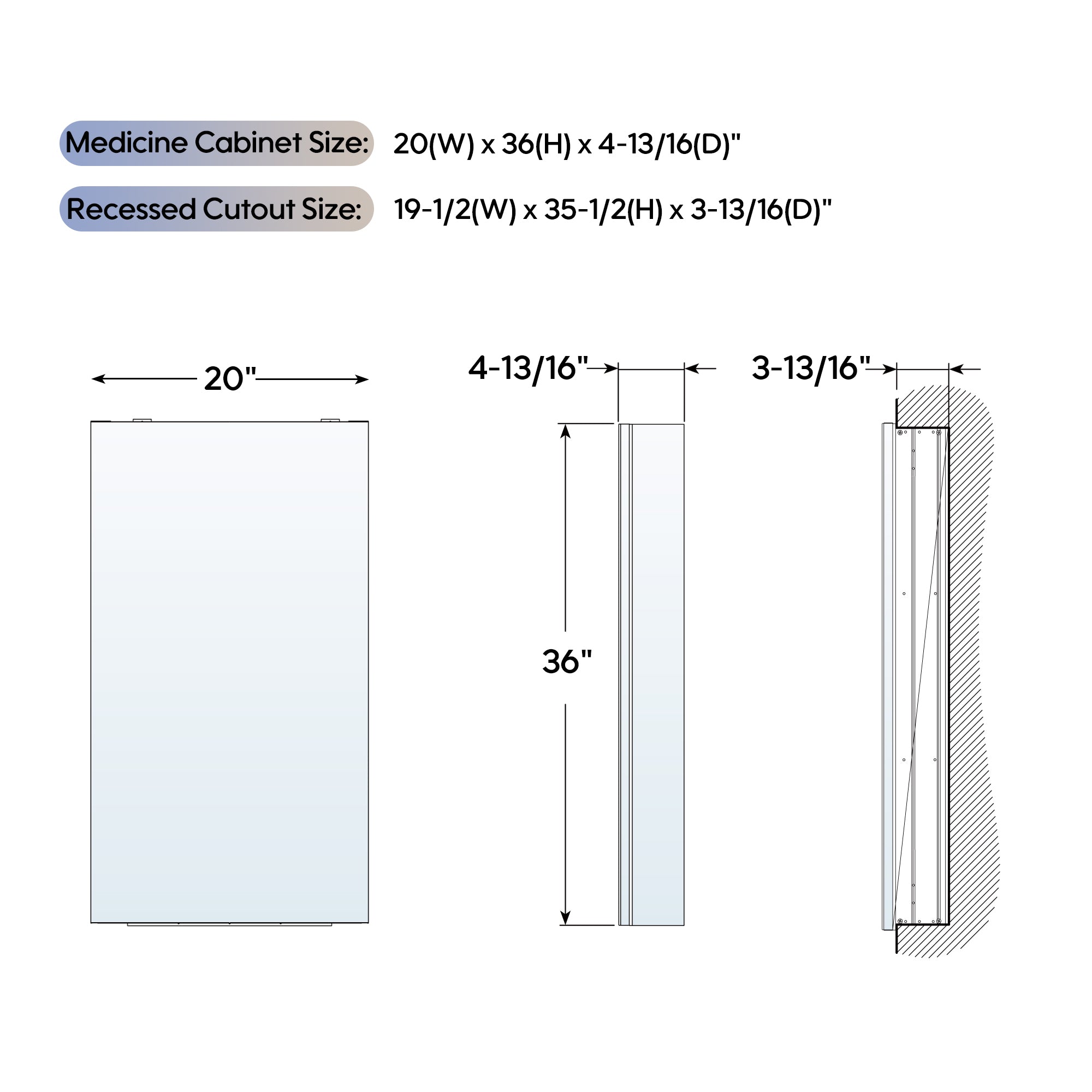 20 in. ×36 in. Copper-Free Tri-Views Mirror Medicine Cabinet, Recessed/Surface Mount and Left Swing Door