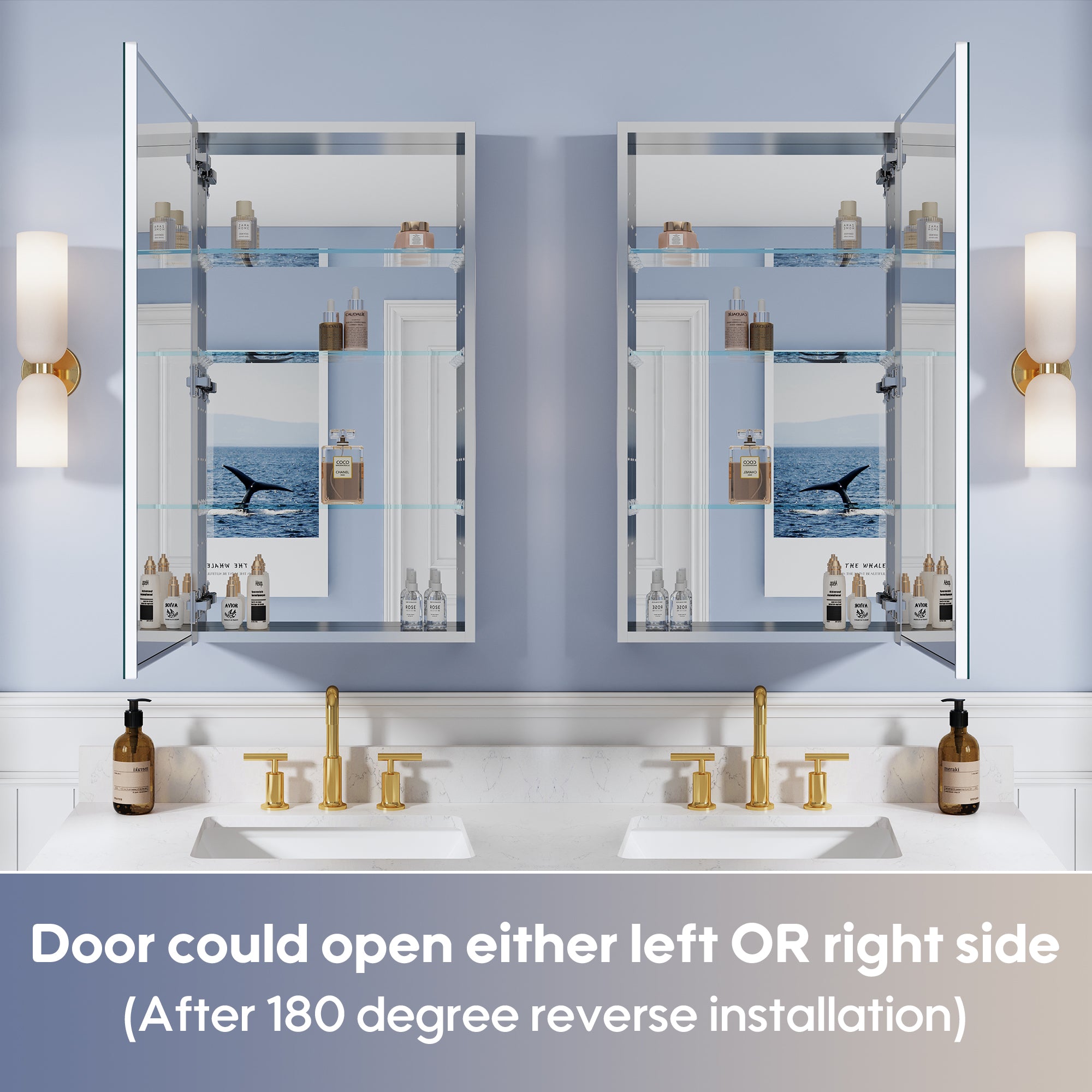 20 in. ×36 in. Copper-Free Tri-Views Mirror Medicine Cabinet, Recessed/Surface Mount and Right Swing Door