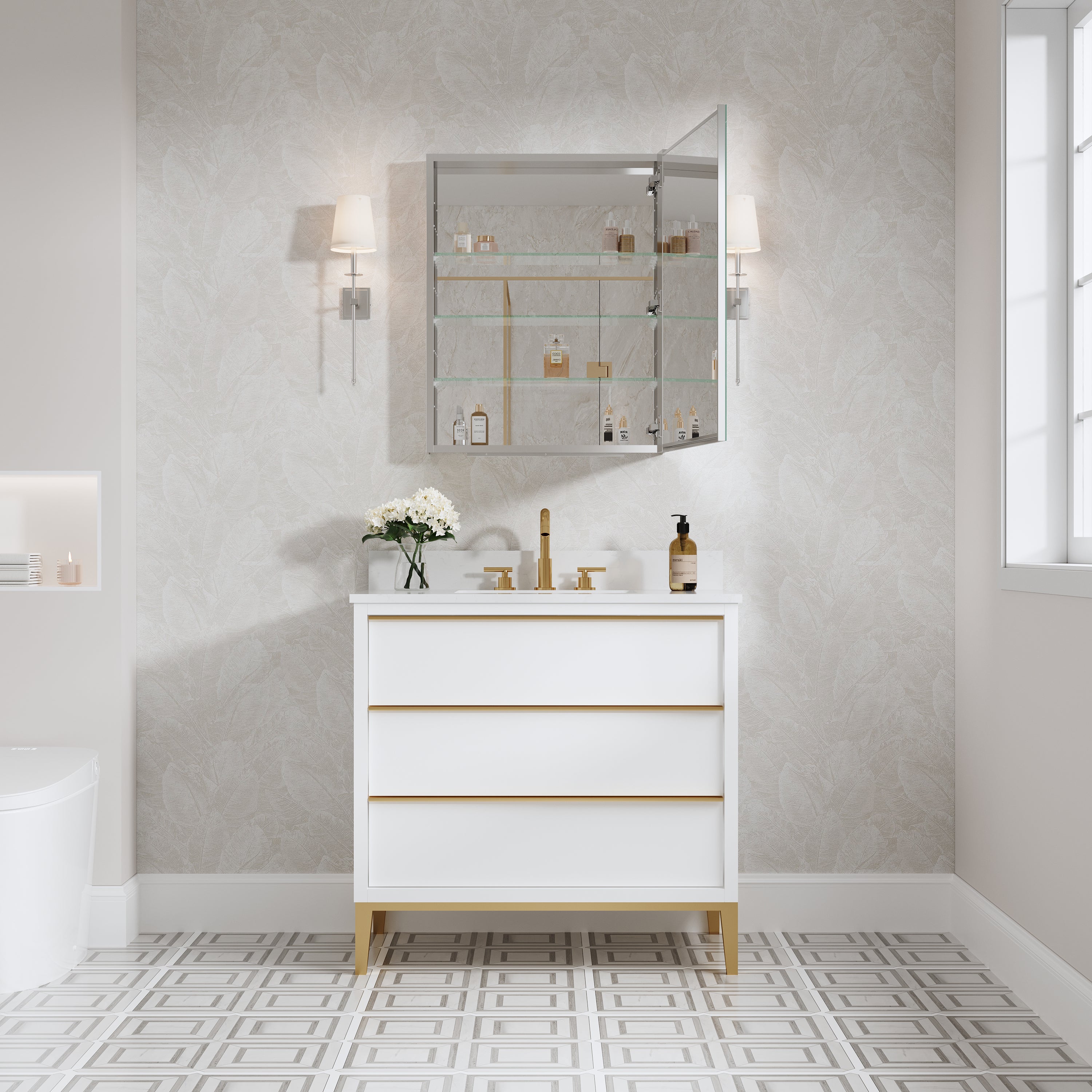 24 in.×30 in. Copper-Free Tri-Views Mirror Cabinet with Adjustable Shelves and Right Swing Door