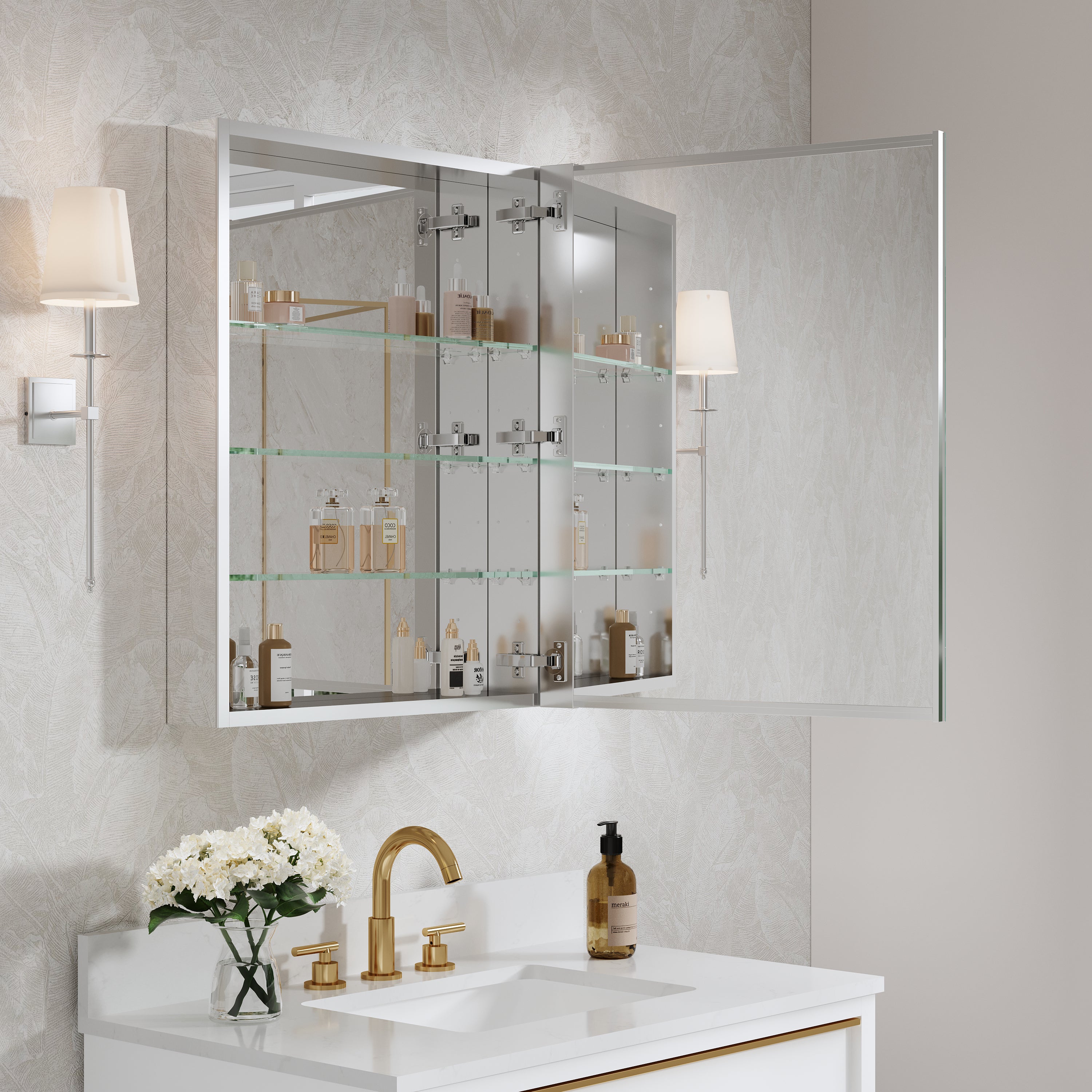 24 in.×30 in. Copper-Free Tri-Views Mirror Cabinet with Adjustable Shelves and Right Swing Door