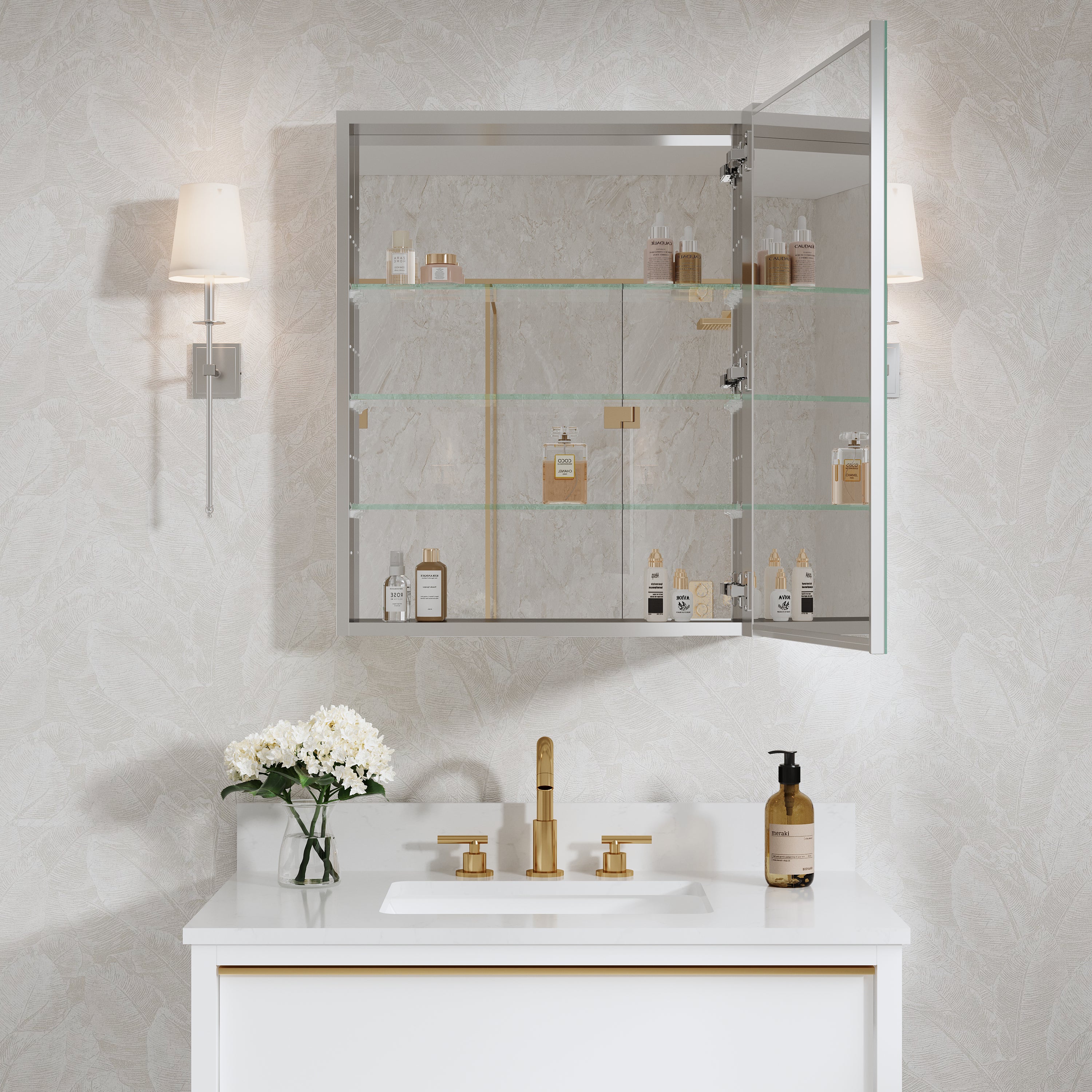 24 in.×30 in. Copper-Free Tri-Views Mirror Cabinet with Adjustable Shelves and Right Swing Door