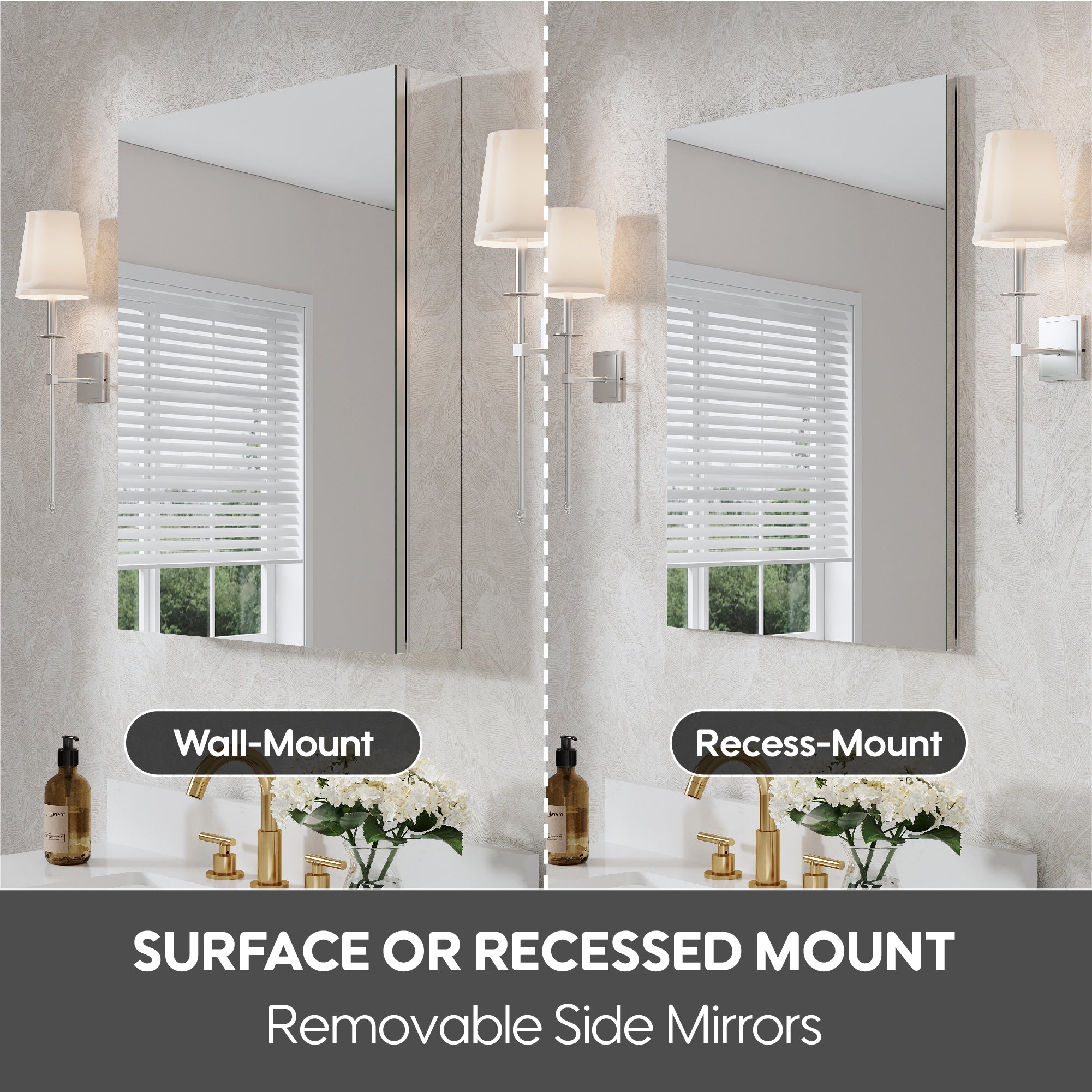24 in.×30 in. Copper-Free Tri-Views Mirror Cabinet with Adjustable Shelves and Right Swing Door