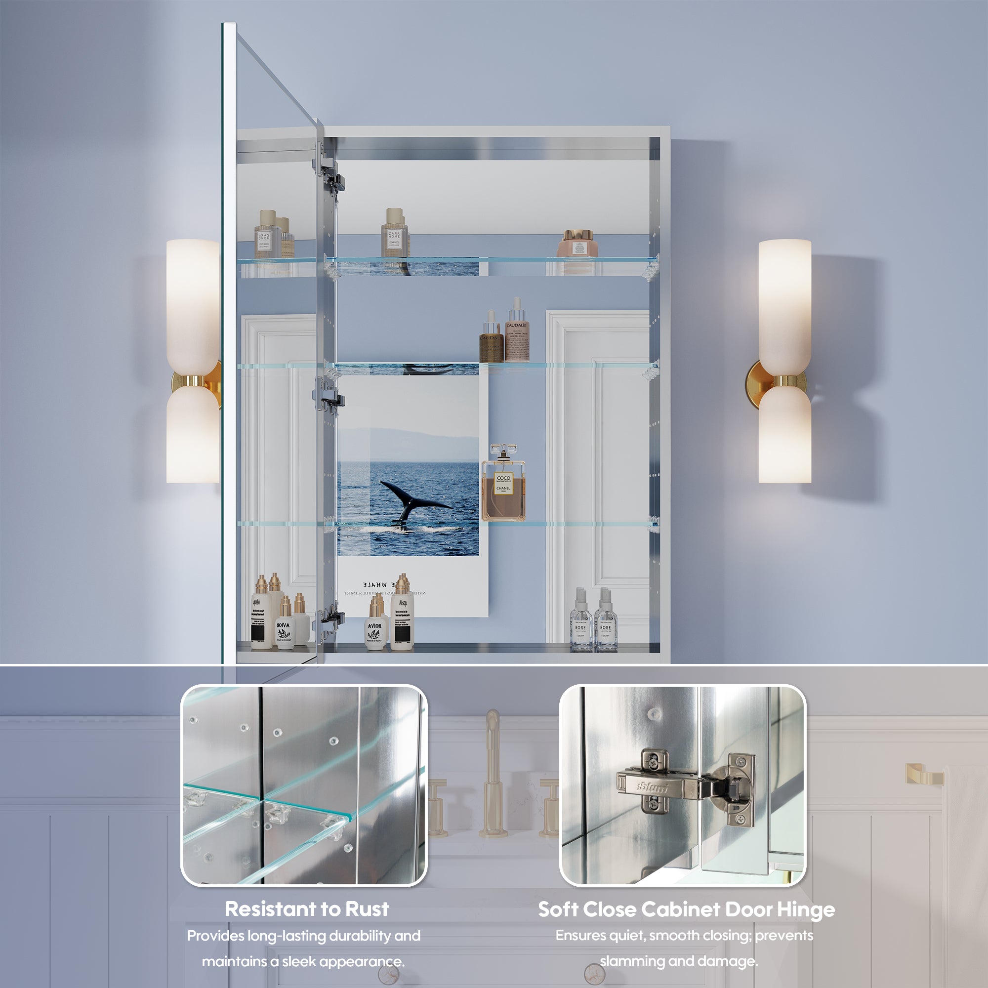 24 in. ×36 in. Copper-Free Tri-Views Mirror Medicine Cabinet, Recessed/Surface Mount and Left Swing Door