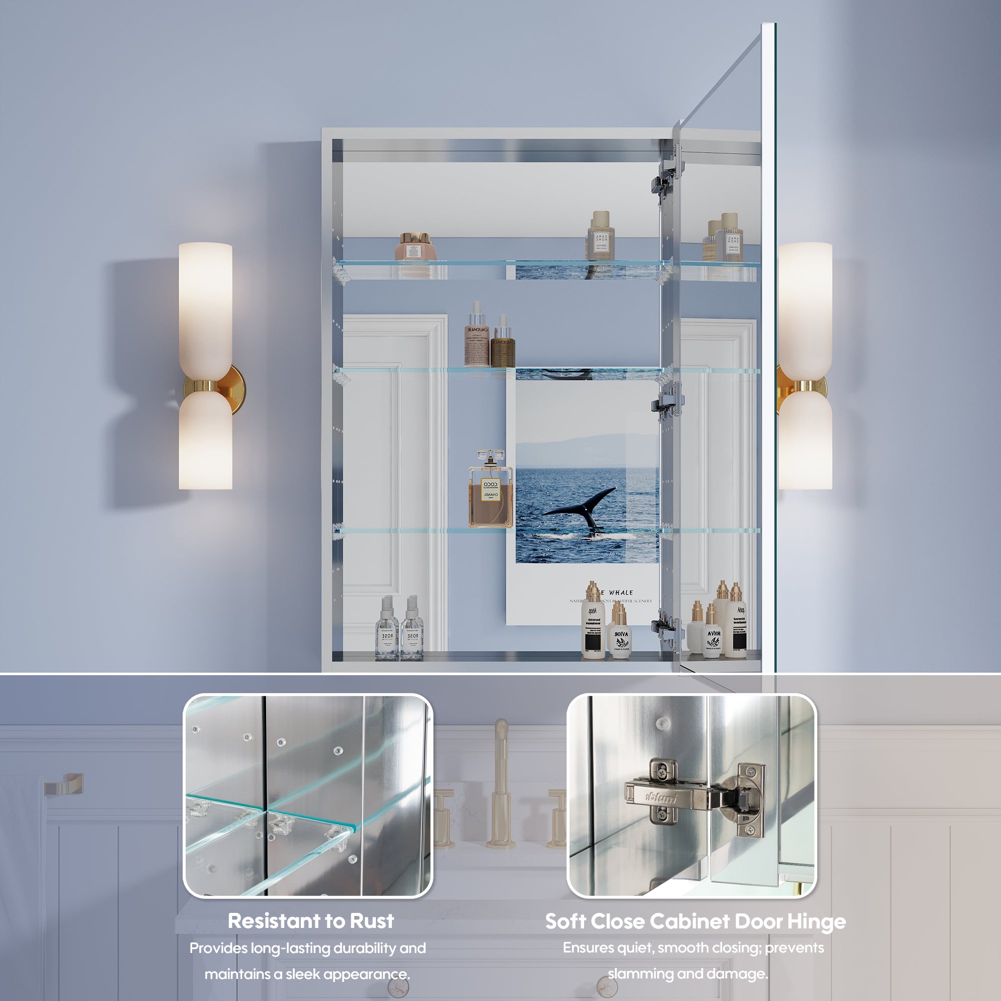 24 in. ×36 in. Copper-Free Tri-Views Mirror Medicine Cabinet, Recessed/Surface Mount and Right Swing Door