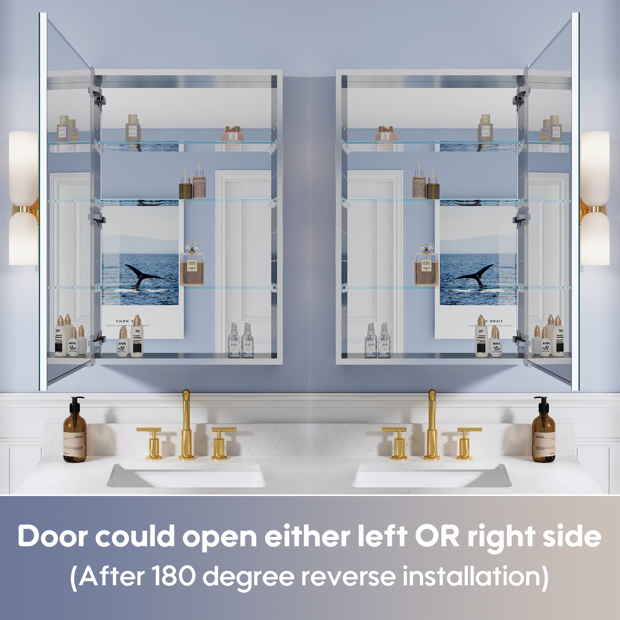 24 in. ×36 in. Copper-Free Tri-Views Mirror Medicine Cabinet, Recessed/Surface Mount and Right Swing Door