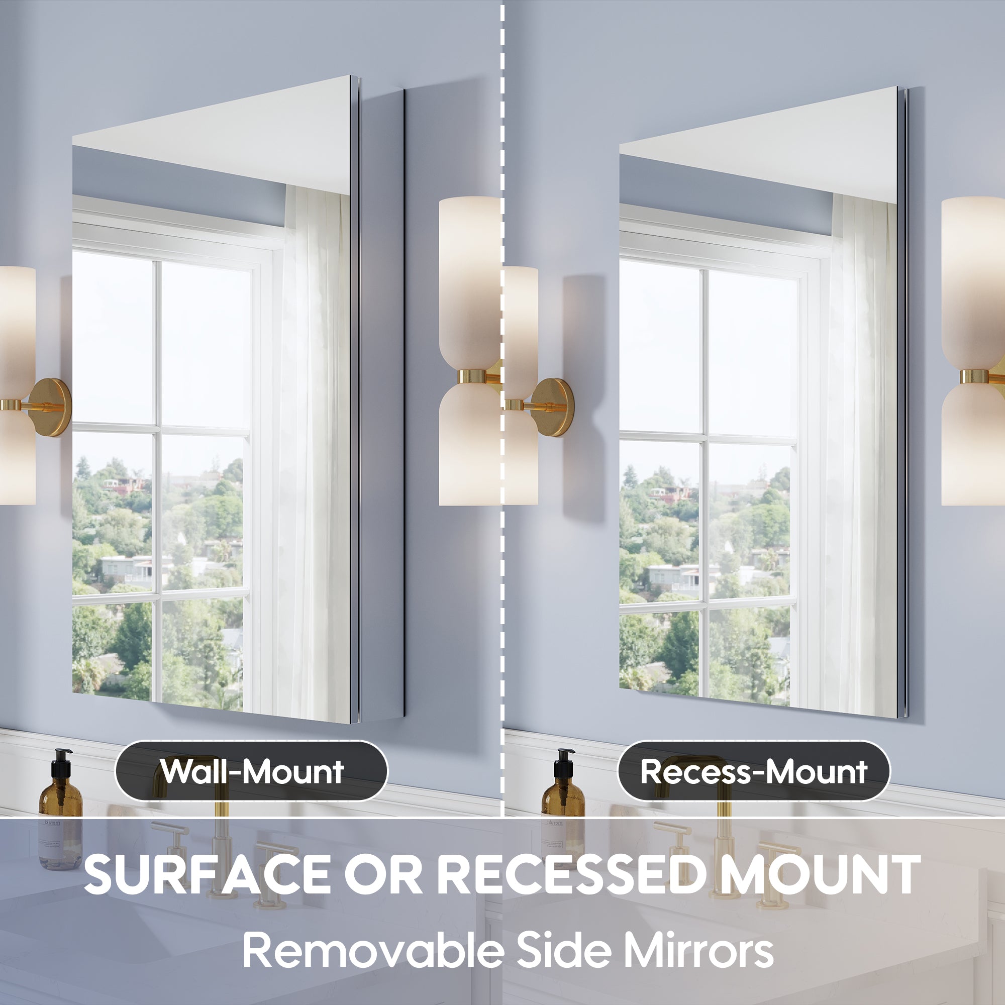24 in. ×36 in. Copper-Free Tri-Views Mirror Medicine Cabinet, Recessed/Surface Mount and Right Swing Door
