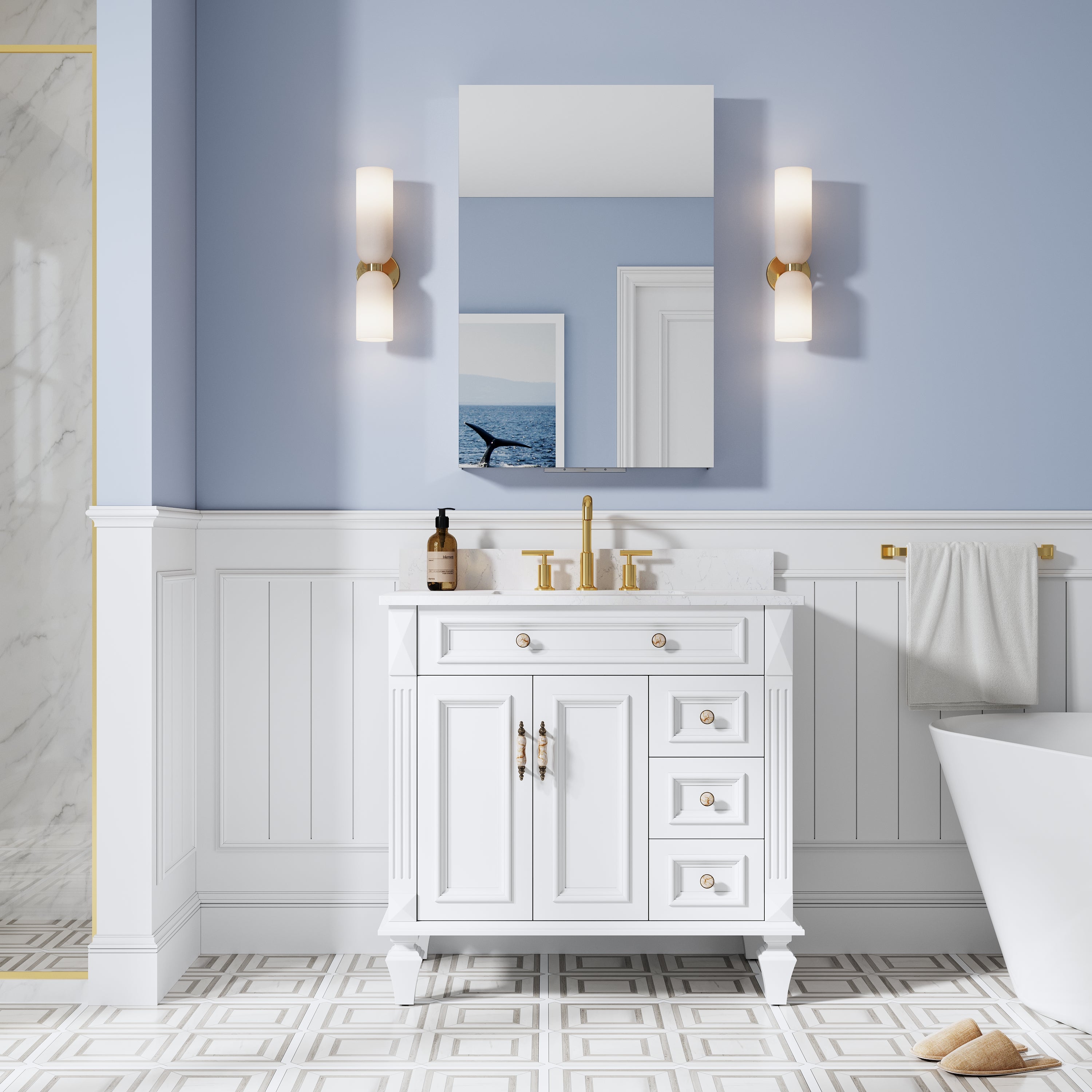 24 in. ×36 in. Copper-Free Tri-Views Mirror Medicine Cabinet, Recessed/Surface Mount and Right Swing Door