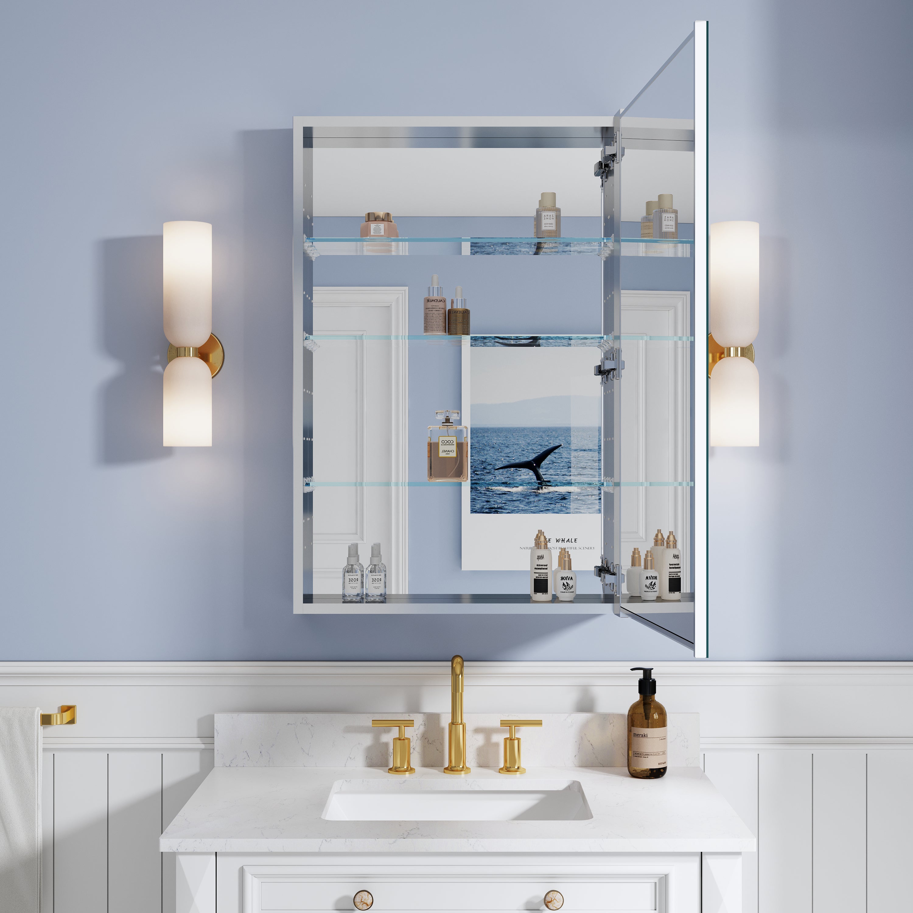 24 in. ×36 in. Copper-Free Tri-Views Mirror Medicine Cabinet, Recessed/Surface Mount and Right Swing Door