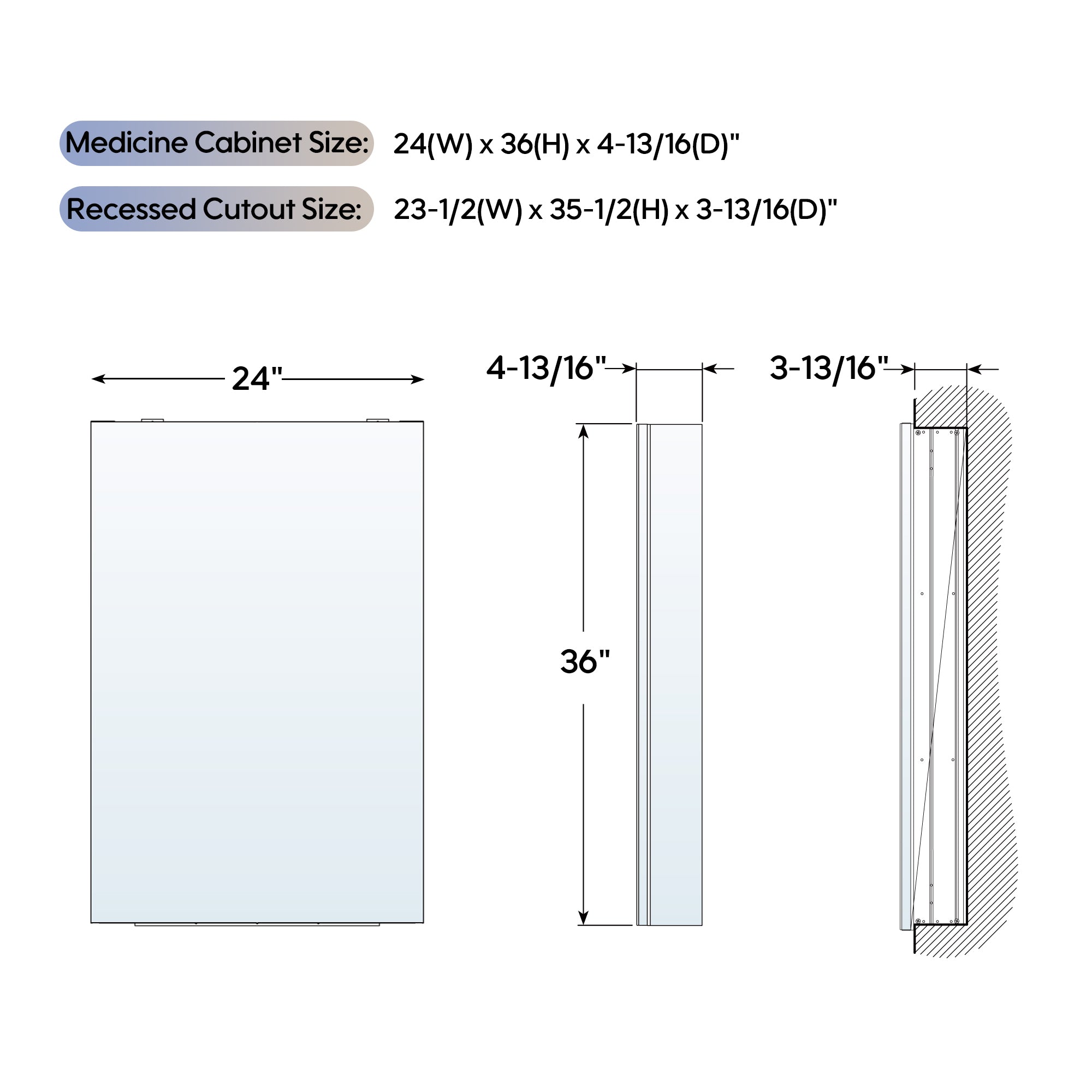 24 in. ×36 in. Copper-Free Tri-Views Mirror Medicine Cabinet, Recessed/Surface Mount and Right Swing Door