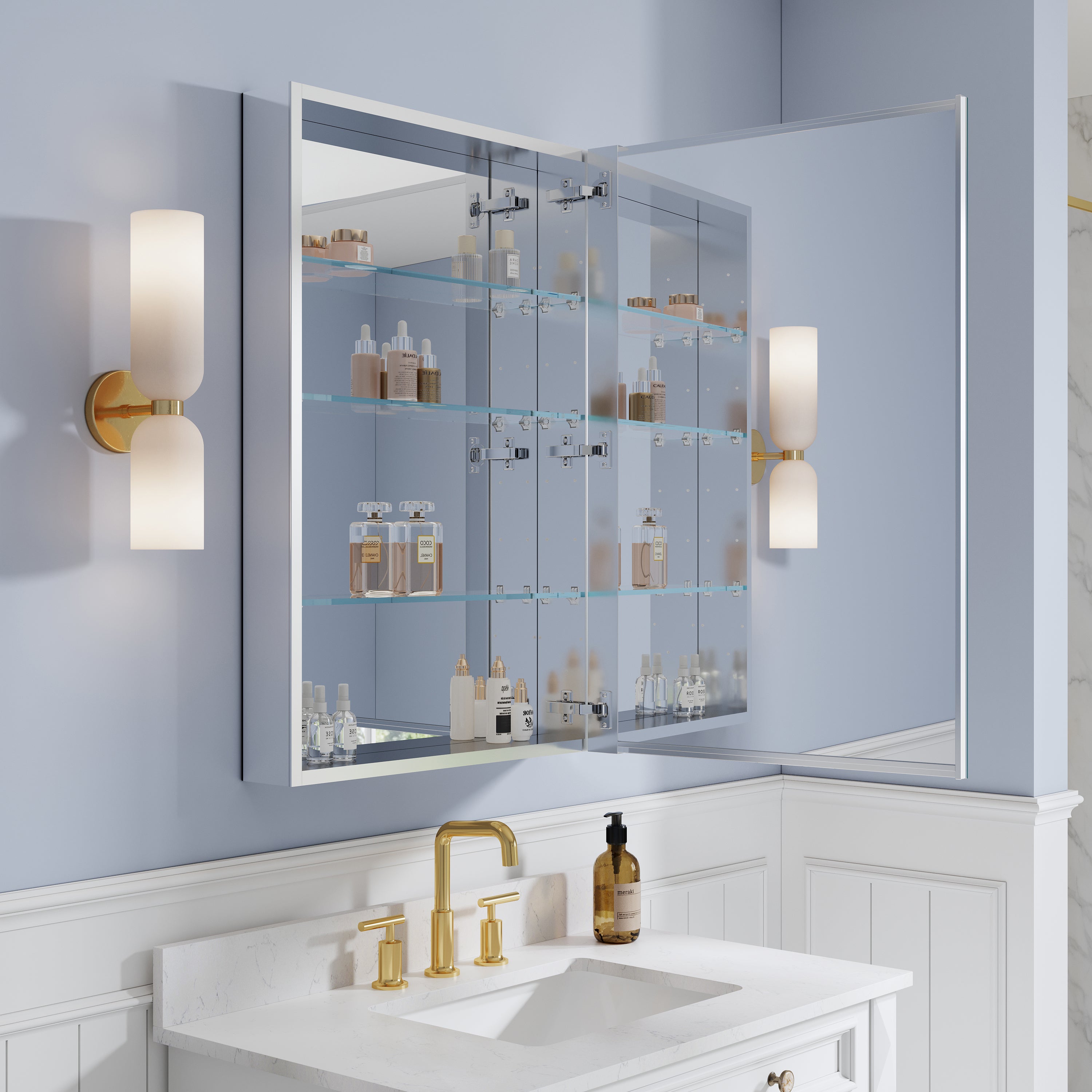 24 in. ×36 in. Copper-Free Tri-Views Mirror Medicine Cabinet, Recessed/Surface Mount and Right Swing Door