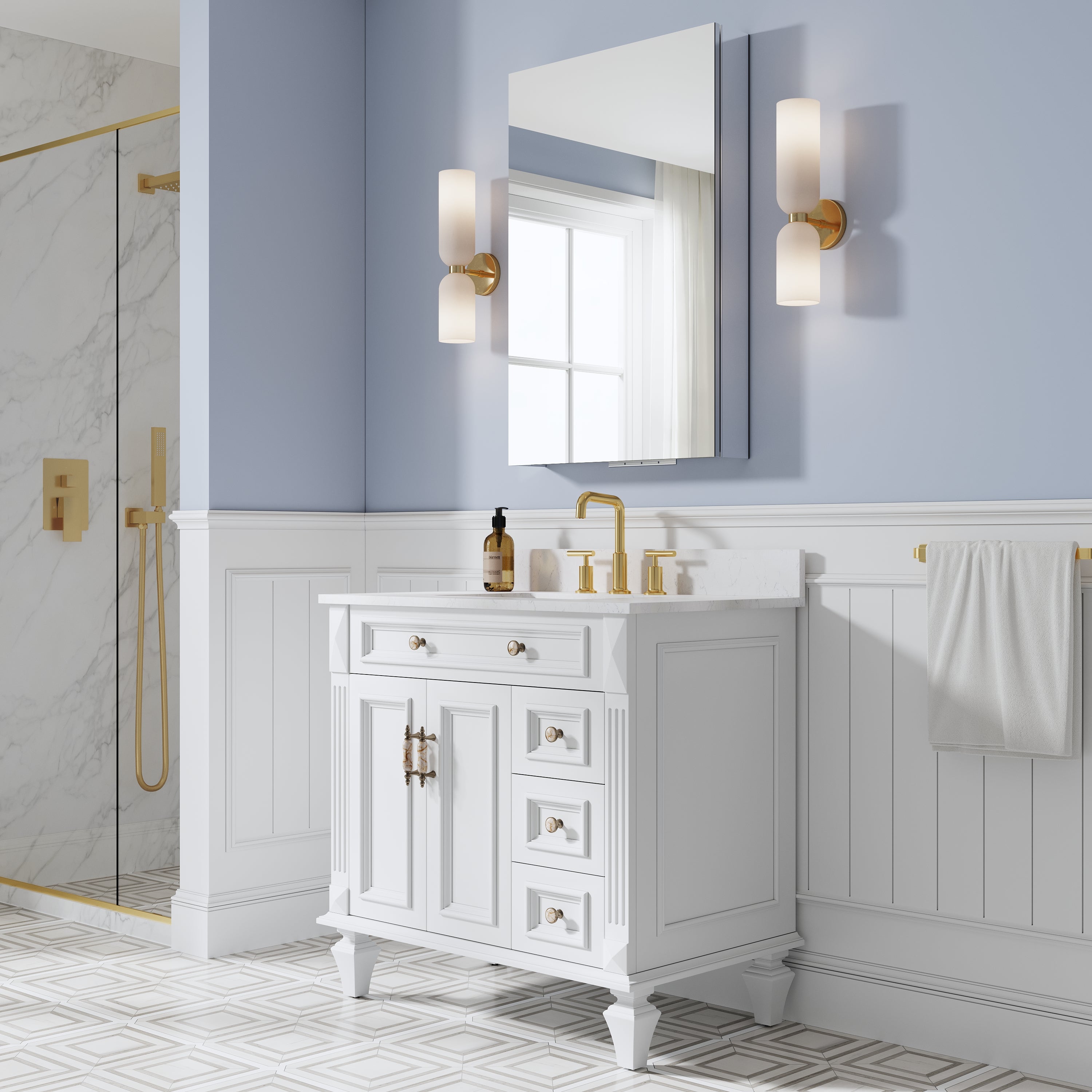 24 in. ×36 in. Copper-Free Tri-Views Mirror Medicine Cabinet, Recessed/Surface Mount and Left Swing Door