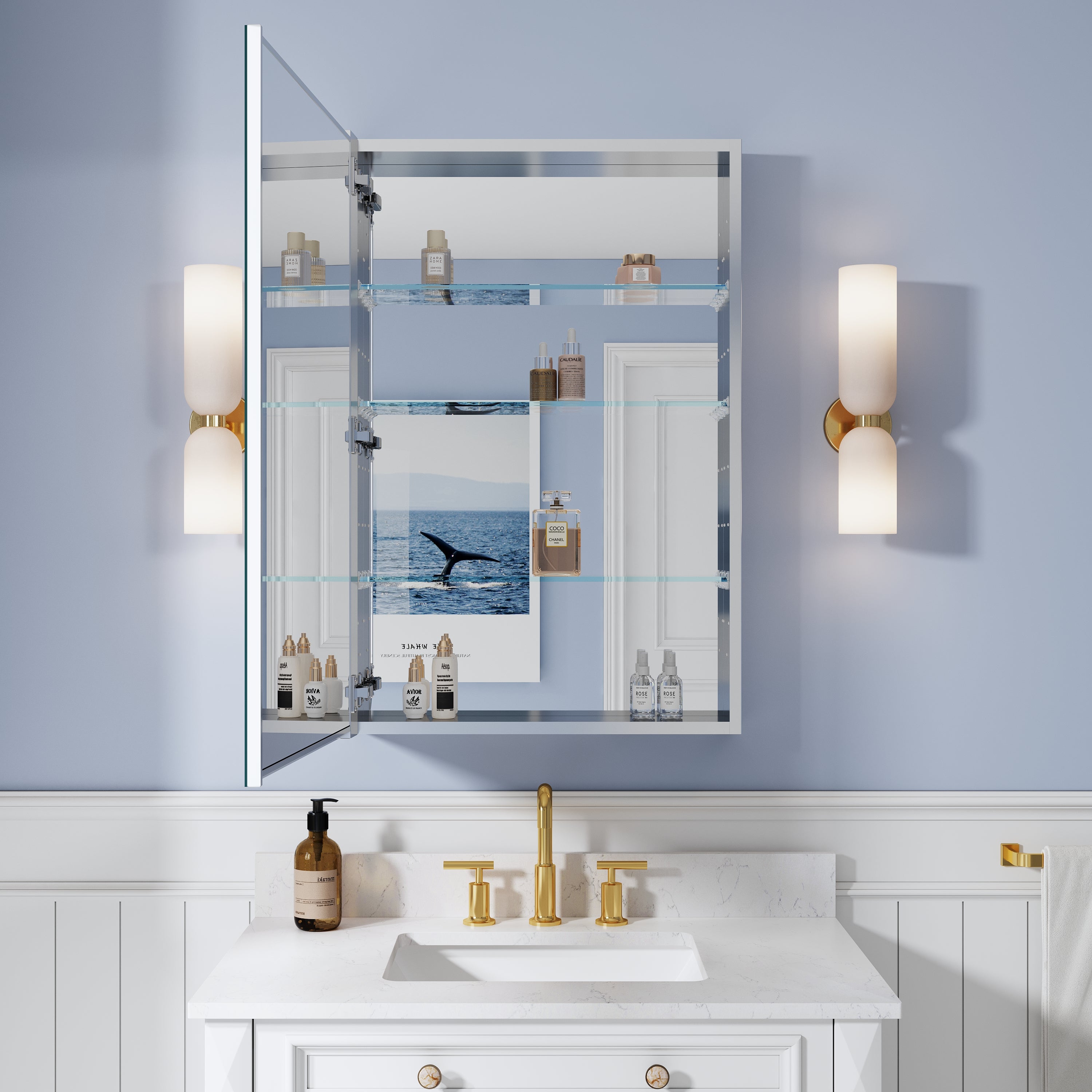 24 in. ×36 in. Copper-Free Tri-Views Mirror Medicine Cabinet, Recessed/Surface Mount and Left Swing Door