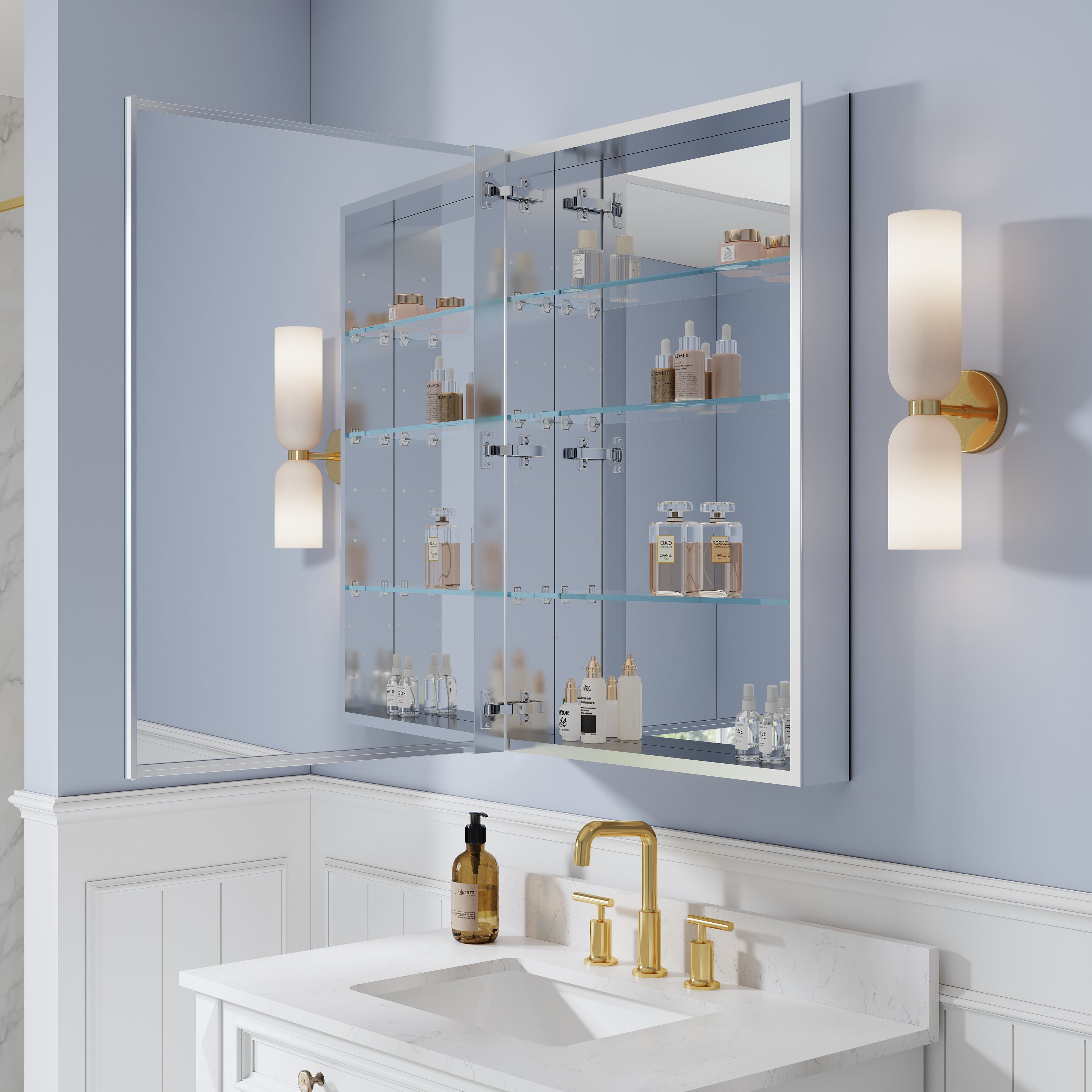24 in. ×36 in. Copper-Free Tri-Views Mirror Medicine Cabinet, Recessed/Surface Mount and Left Swing Door