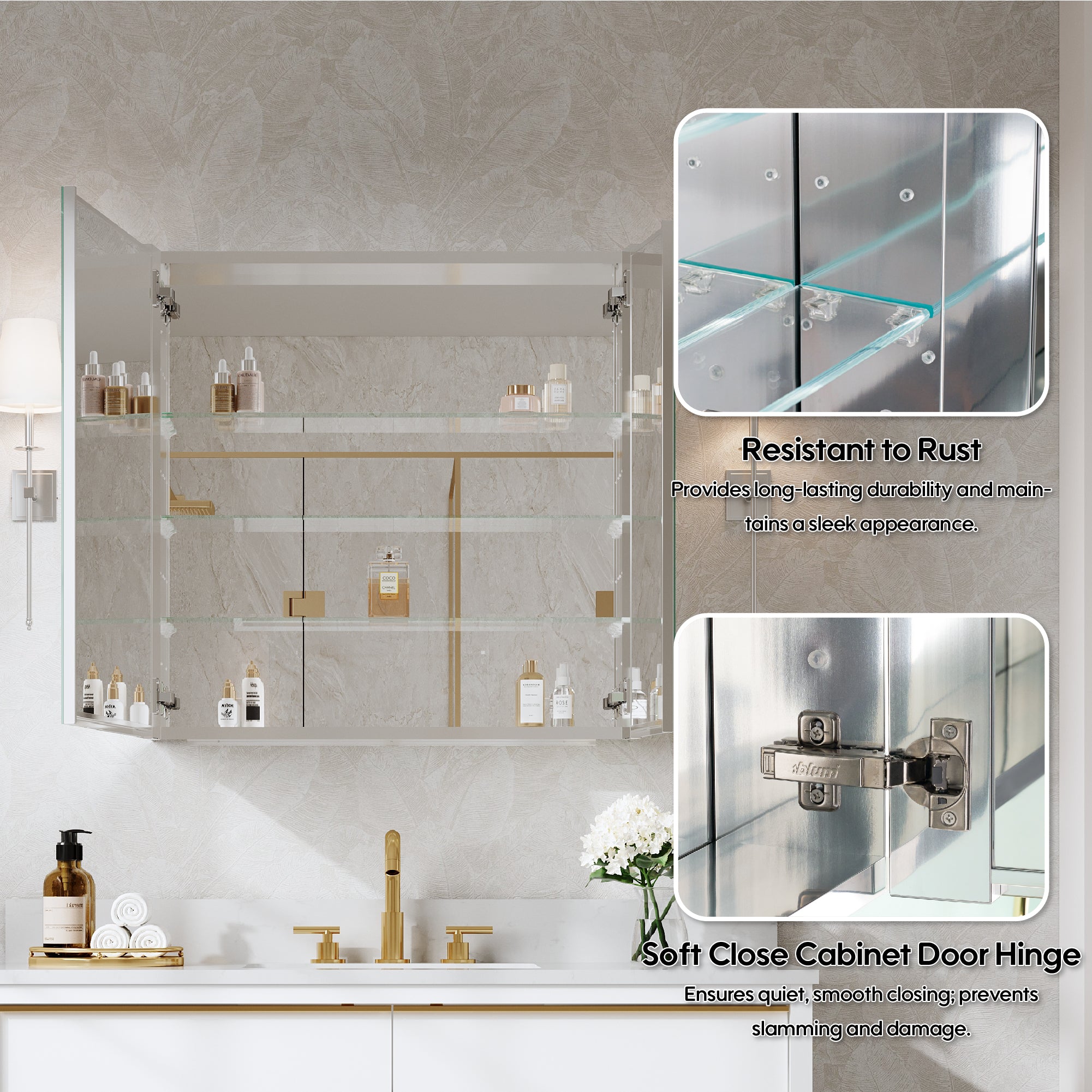 30 in. x30 in. Copper-Free Tri-Views Mirror Cabinet with Adjustable Shelves and Dual Swing Doors