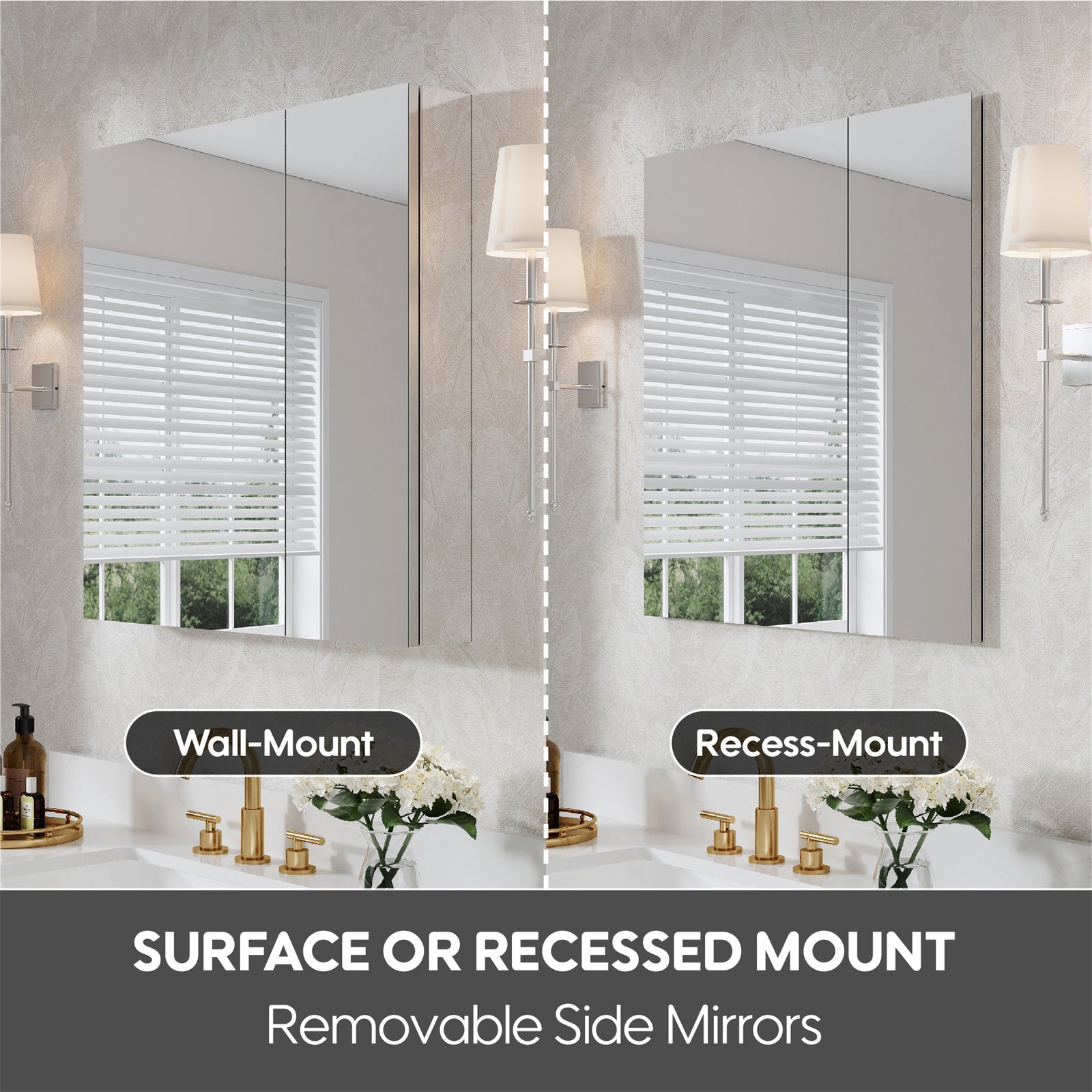 30 in. x30 in. Copper-Free Tri-Views Mirror Cabinet with Adjustable Shelves and Dual Swing Doors