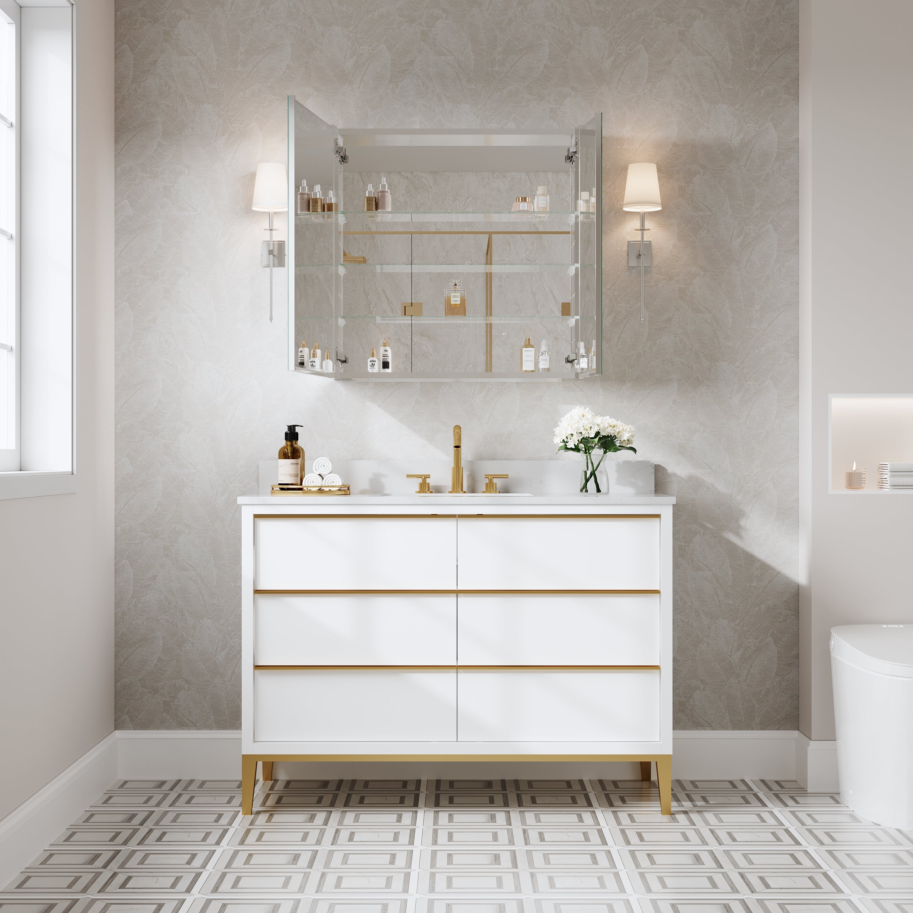 30 in. x30 in. Copper-Free Tri-Views Mirror Cabinet with Adjustable Shelves and Dual Swing Doors