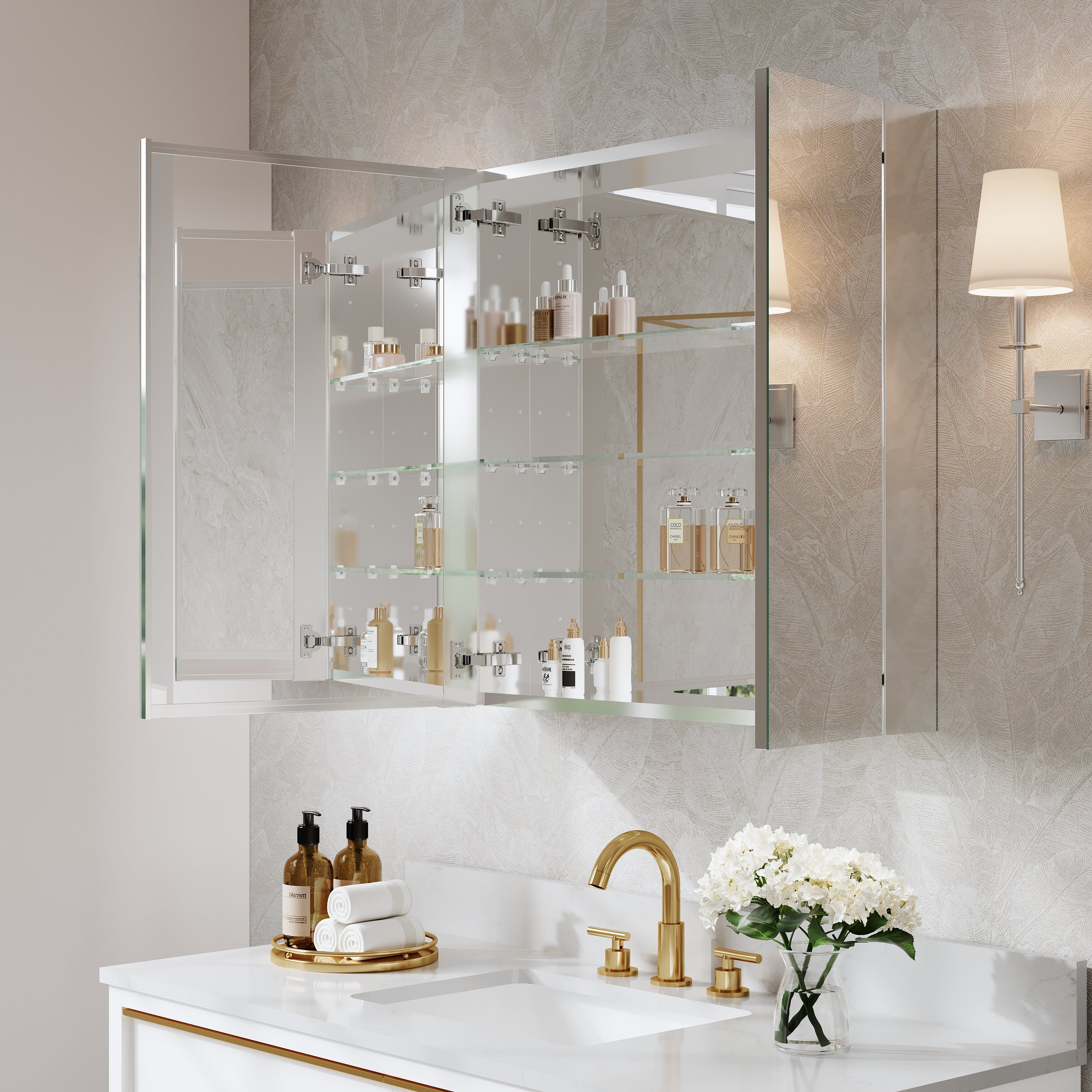 30 in. x30 in. Copper-Free Tri-Views Mirror Cabinet with Adjustable Shelves and Dual Swing Doors