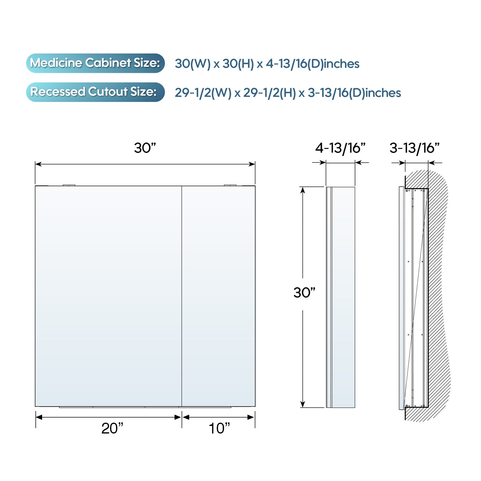 30 in. x30 in. Copper-Free Tri-Views Mirror Cabinet with Adjustable Shelves and Dual Swing Doors
