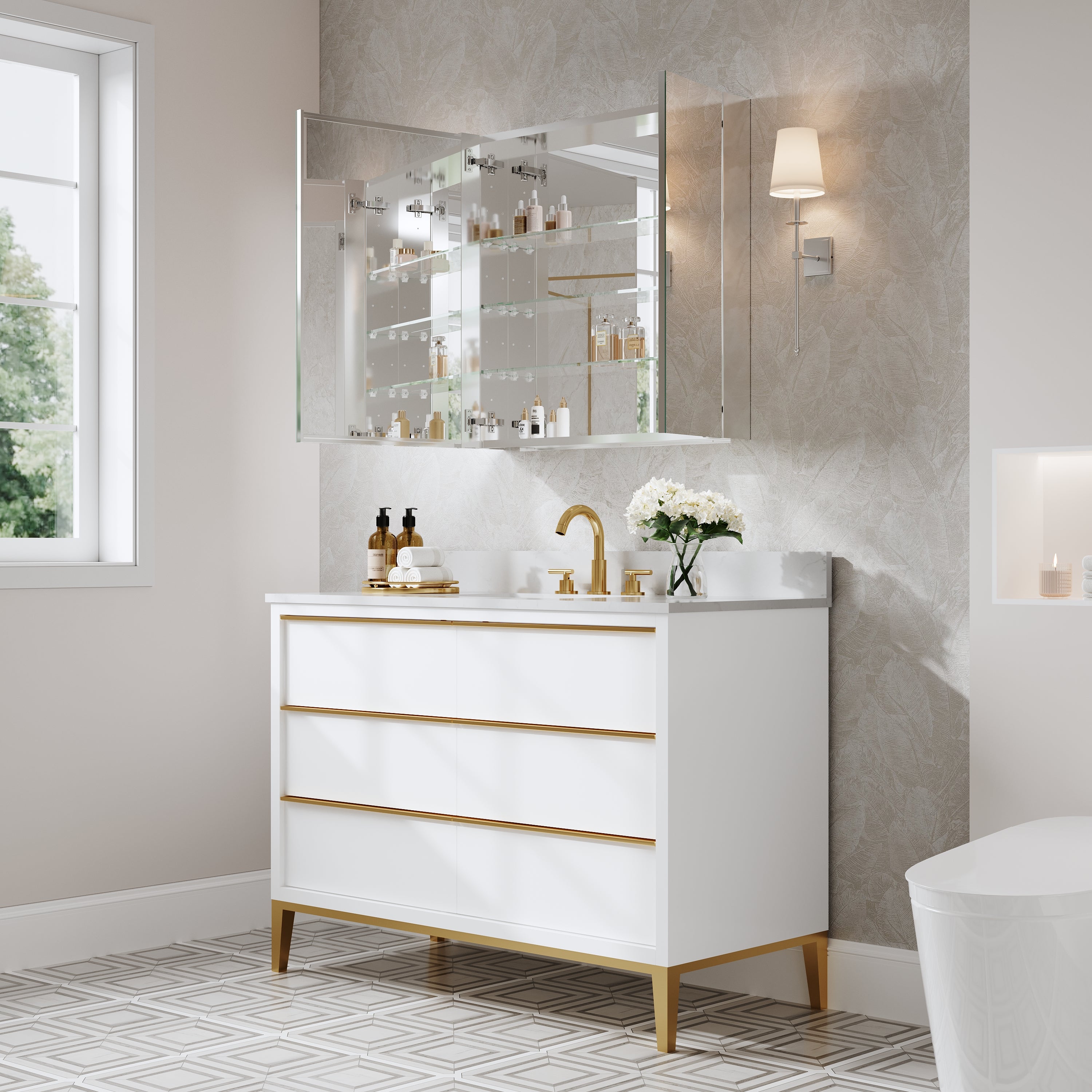 30 in. x30 in. Copper-Free Tri-Views Mirror Cabinet with Adjustable Shelves and Dual Swing Doors