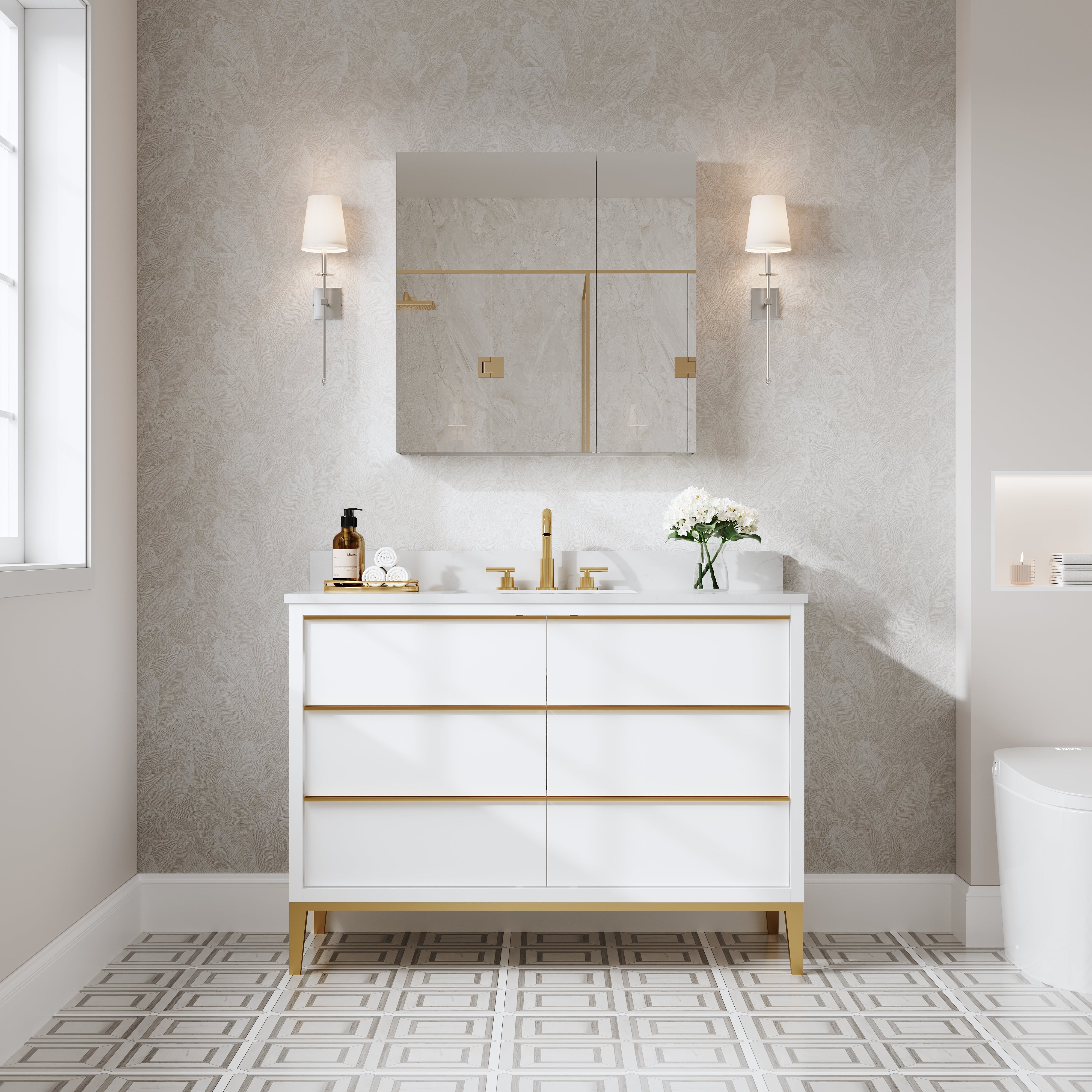 30 in. x30 in. Copper-Free Tri-Views Mirror Cabinet with Adjustable Shelves and Dual Swing Doors