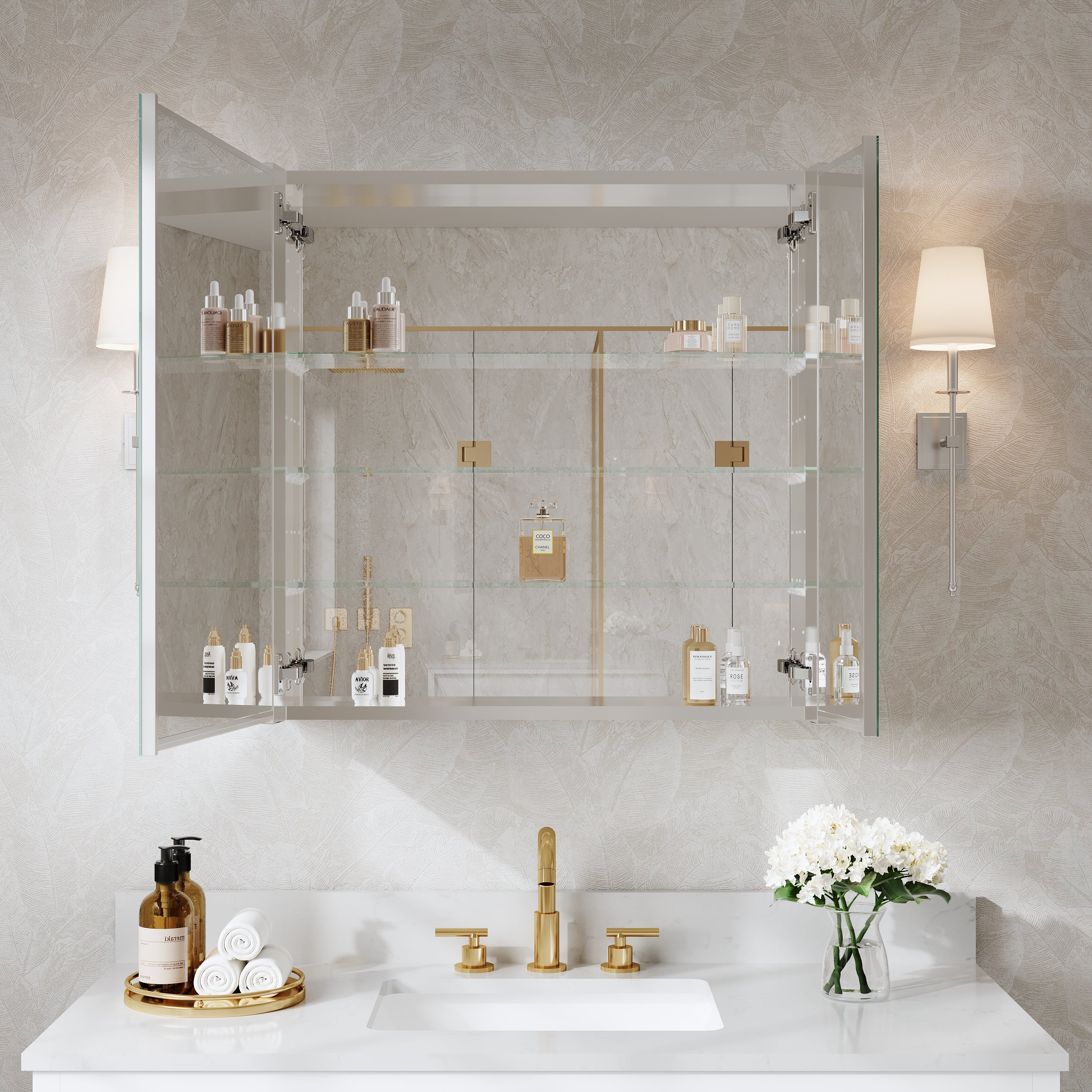 30 in. x30 in. Copper-Free Tri-Views Mirror Cabinet with Adjustable Shelves and Dual Swing Doors