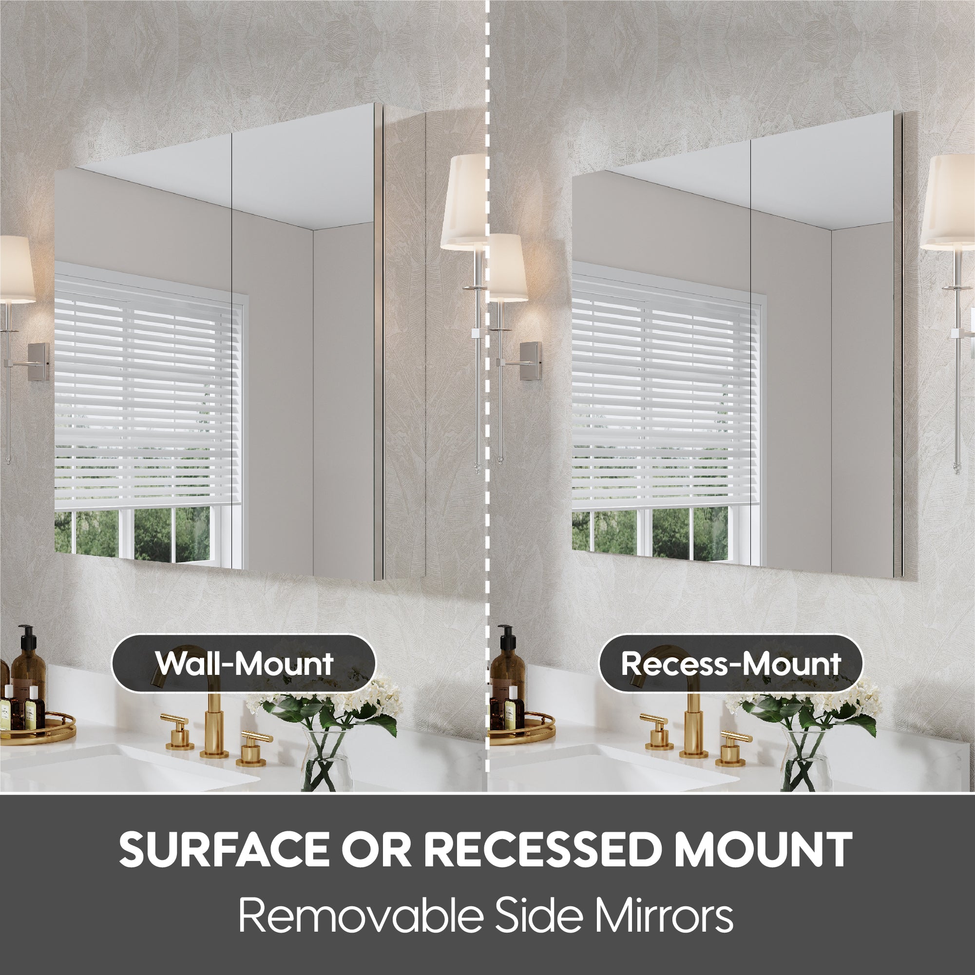 36 in.×30 in. Copper-Free Tri-Views Mirror Cabinet with Adjustable Shelves and Dual Swing Doors