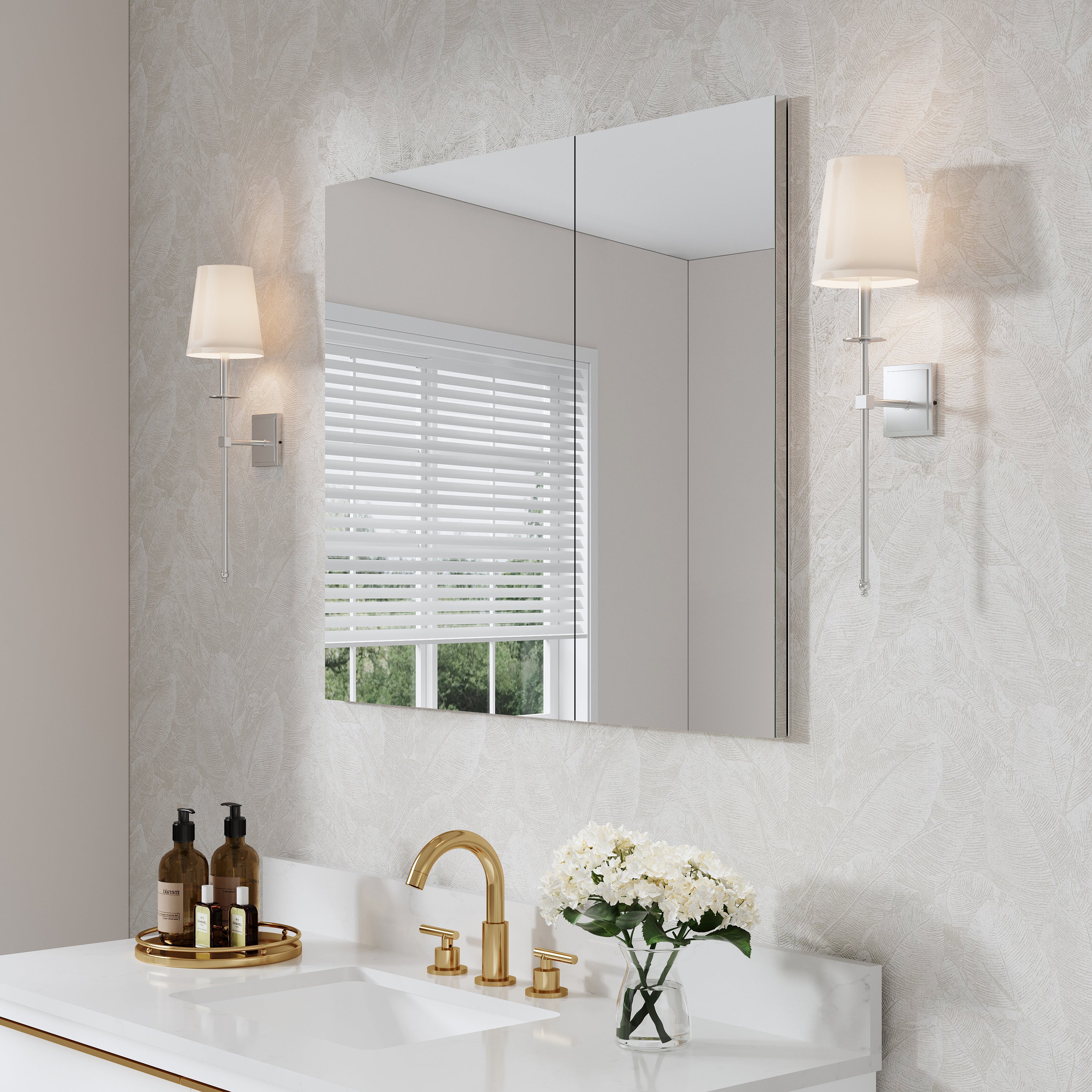 36 in.×30 in. Copper-Free Tri-Views Mirror Cabinet with Adjustable Shelves and Dual Swing Doors