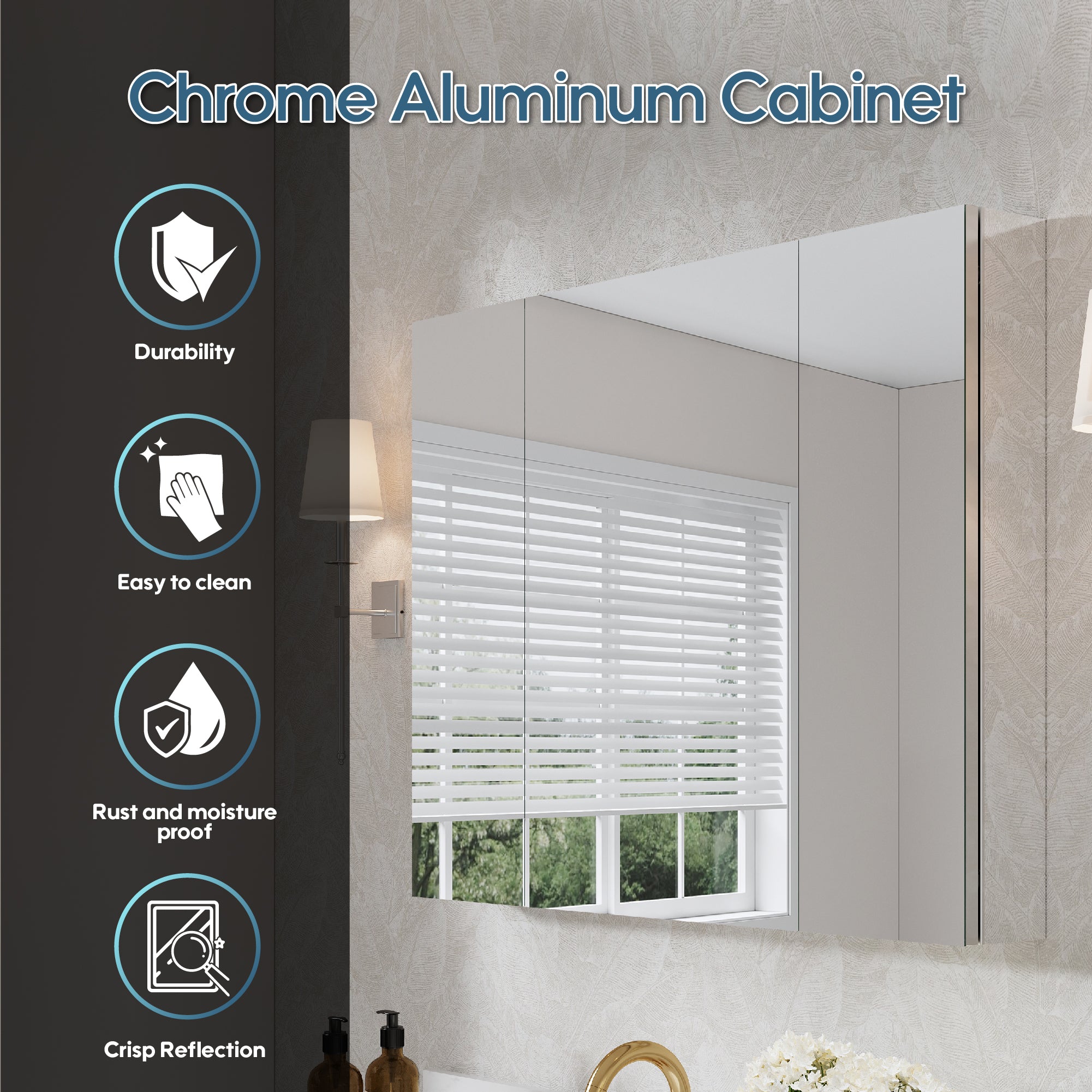 40 in.×30 in. Tri-View Copper-Free Medicine Cabinet with Mirror, Soft-Close Hinges, Recessed or Wall Mount