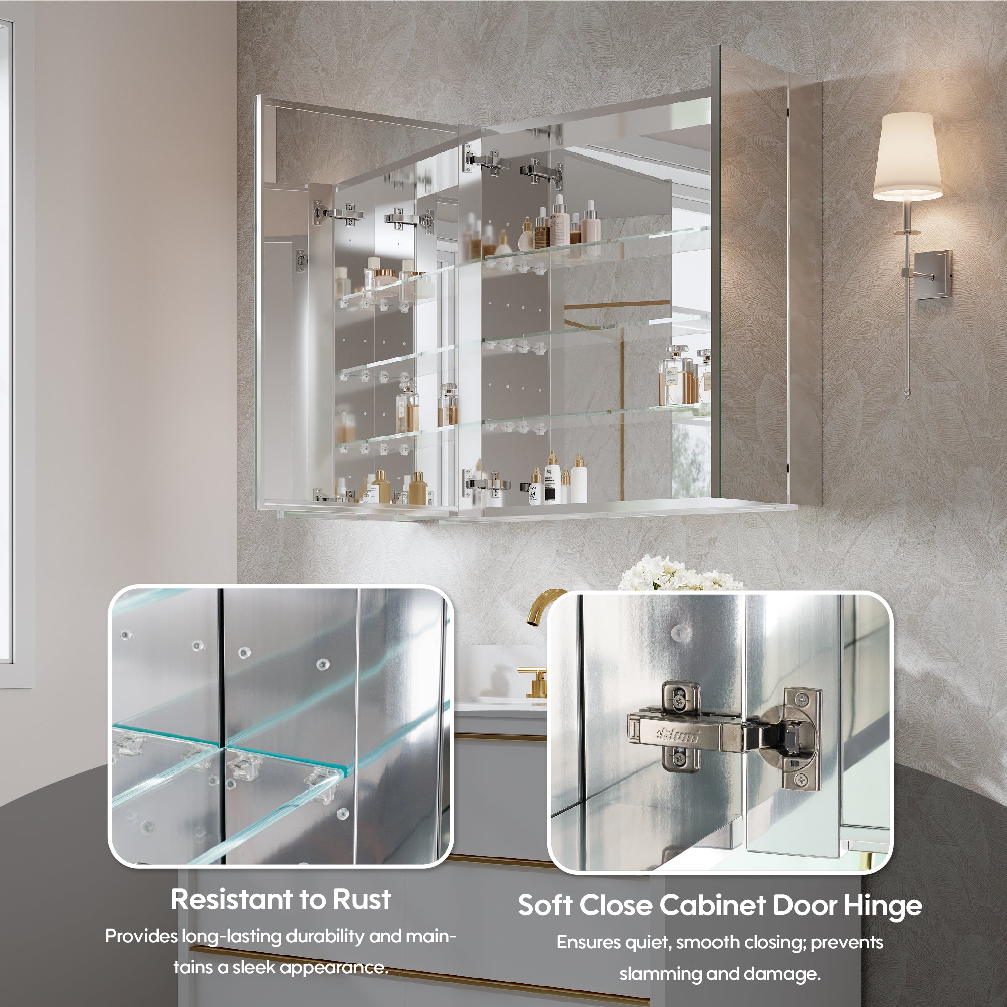 40 in.×30 in. Tri-View Copper-Free Medicine Cabinet with Mirror, Soft-Close Hinges, Recessed or Wall Mount