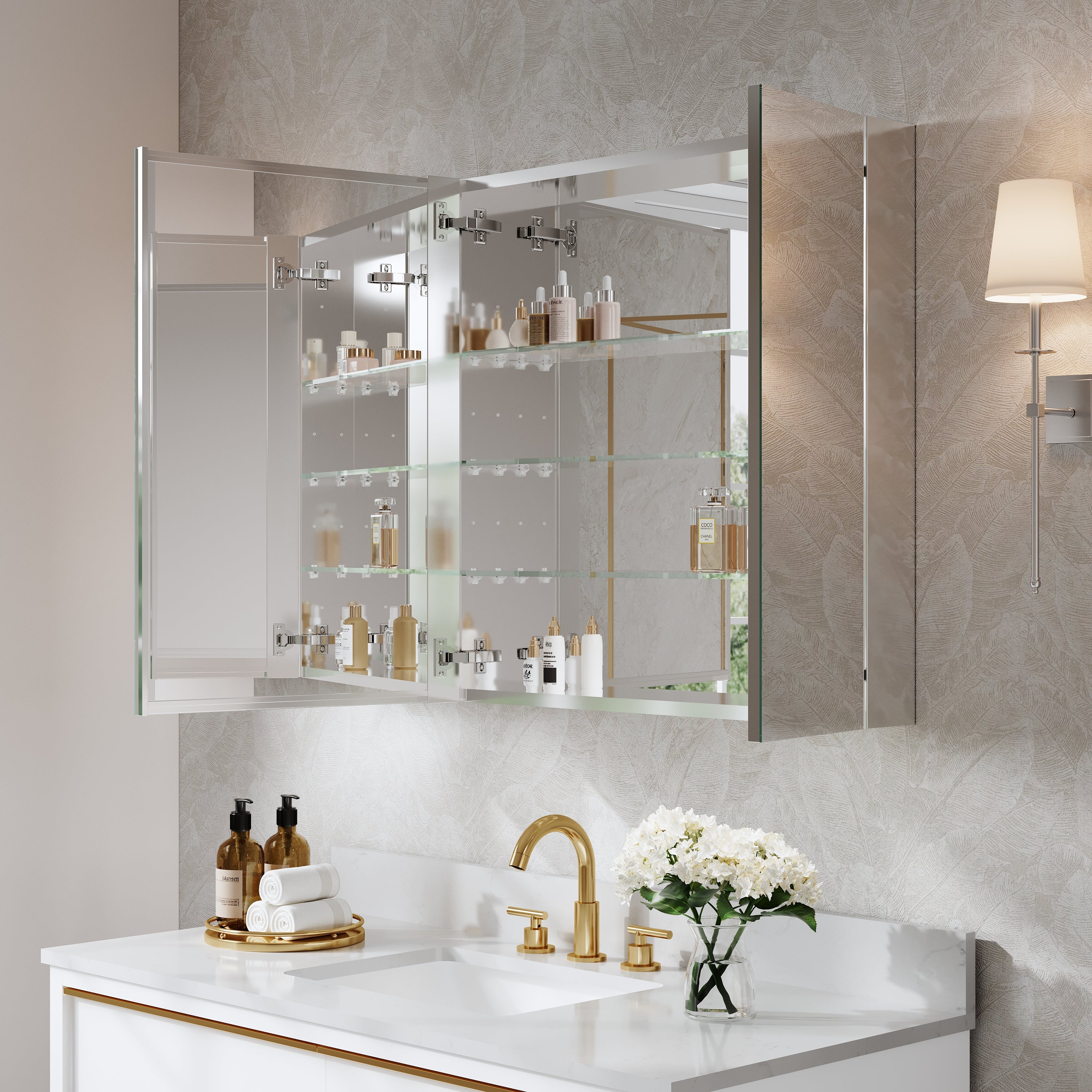 40 in.×30 in. Tri-View Copper-Free Medicine Cabinet with Mirror, Soft-Close Hinges, Recessed or Wall Mount